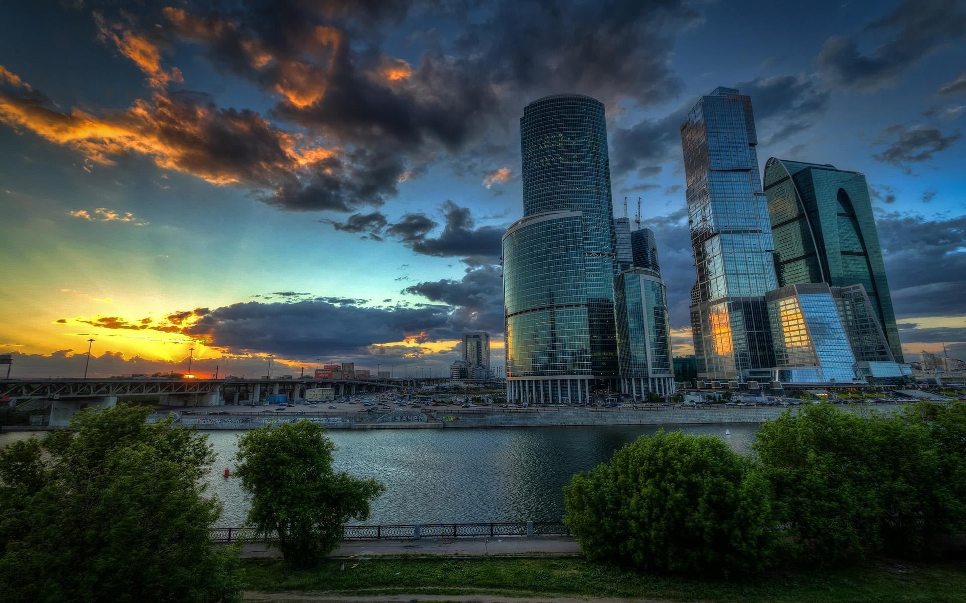 sunset, skyscraper, office building exterior, blue, clouds, Moscow, built structure, no people, city, plant, outdoors, Russia, buildings, nature, travel destinations, HD Wallpaper