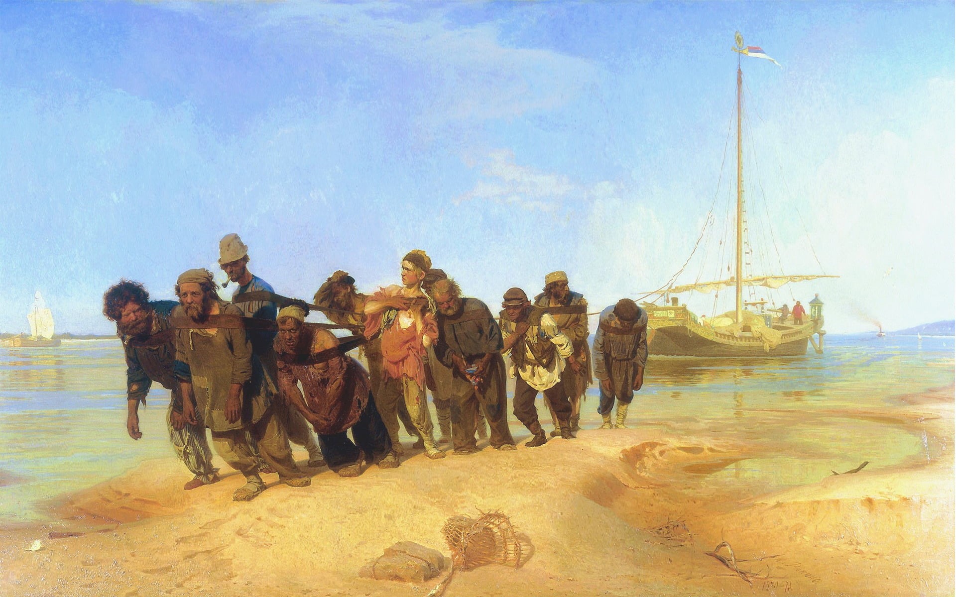 outdoors, painting, sky, land, group, beach, large group of people, group Of People, picture, Repin, fishing industry, barge haulers on the Volga, sand, HD Wallpaper