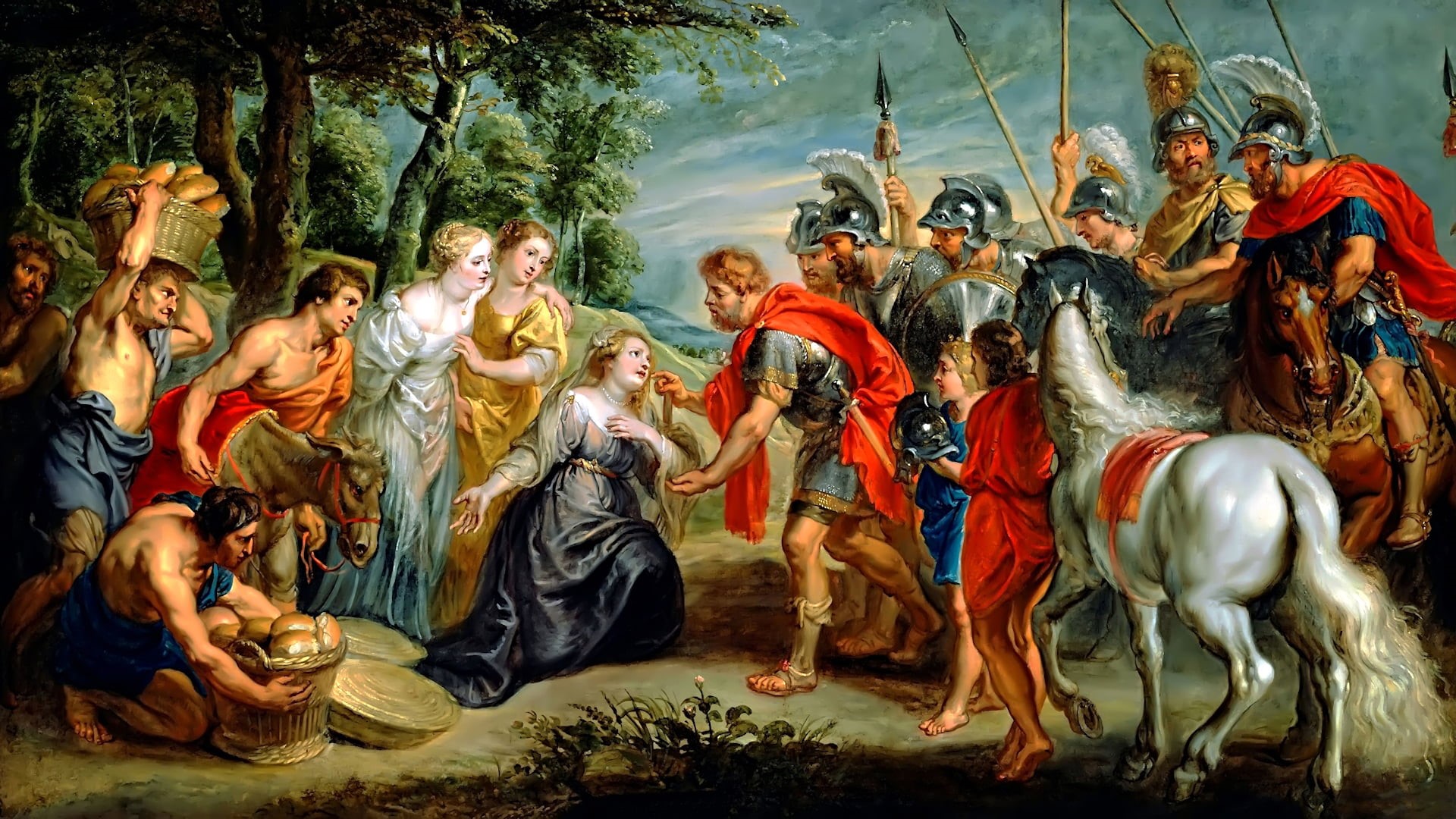 lifestyles, outdoors, real people, plant, ancient, sculpture, women, Rubens, people, day, men, 1080P, leisure activity, water, David Meeting Abigail, clothing, HD Wallpaper