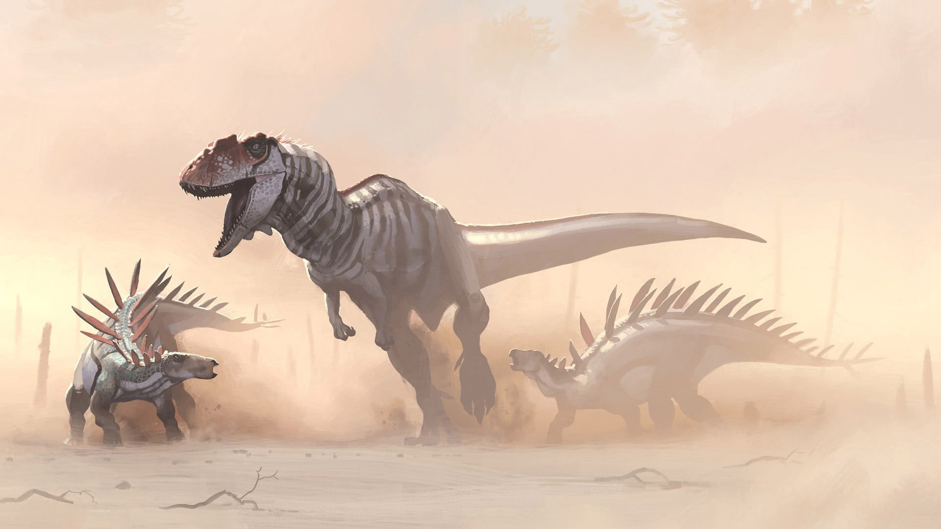 digital composite, sunset, representation, dinosaurs, illustrations, mammal, group of animals, dust, dinosaur, animal themes, no people, nature, animal representation, HD Wallpaper