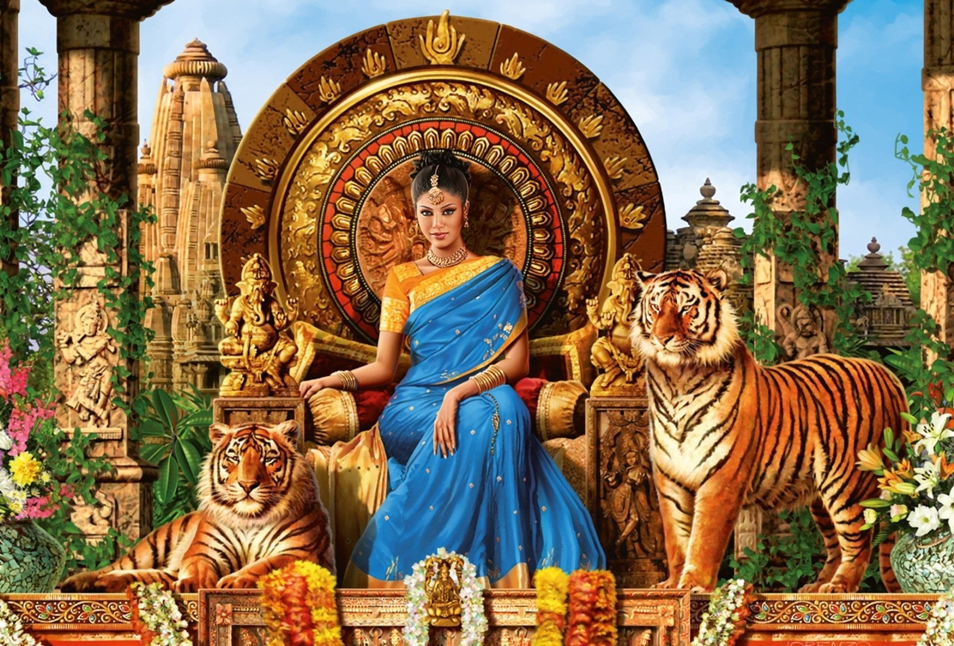creativity, Tiger Queen, sculpture, building exterior, Temple, art and craft, 1080P, Fantasy, Saree, statue, built structure, belief, idol, spirituality, HD Wallpaper