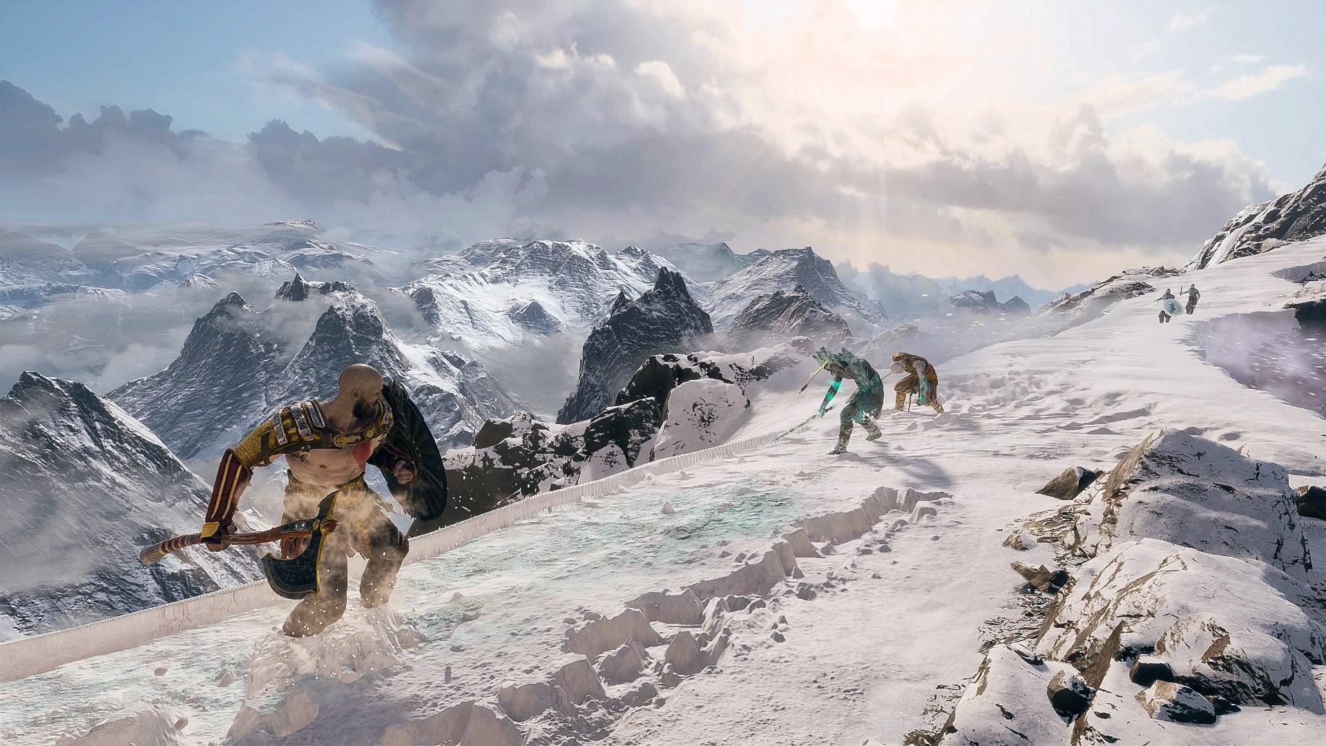 snow, console, people, God of War, God of War (2018), screen shot, draugr, clouds, weapon, PlayStation 4, Kratos, 1080P, mountains, digital art, fantasy armor, HD Wallpaper