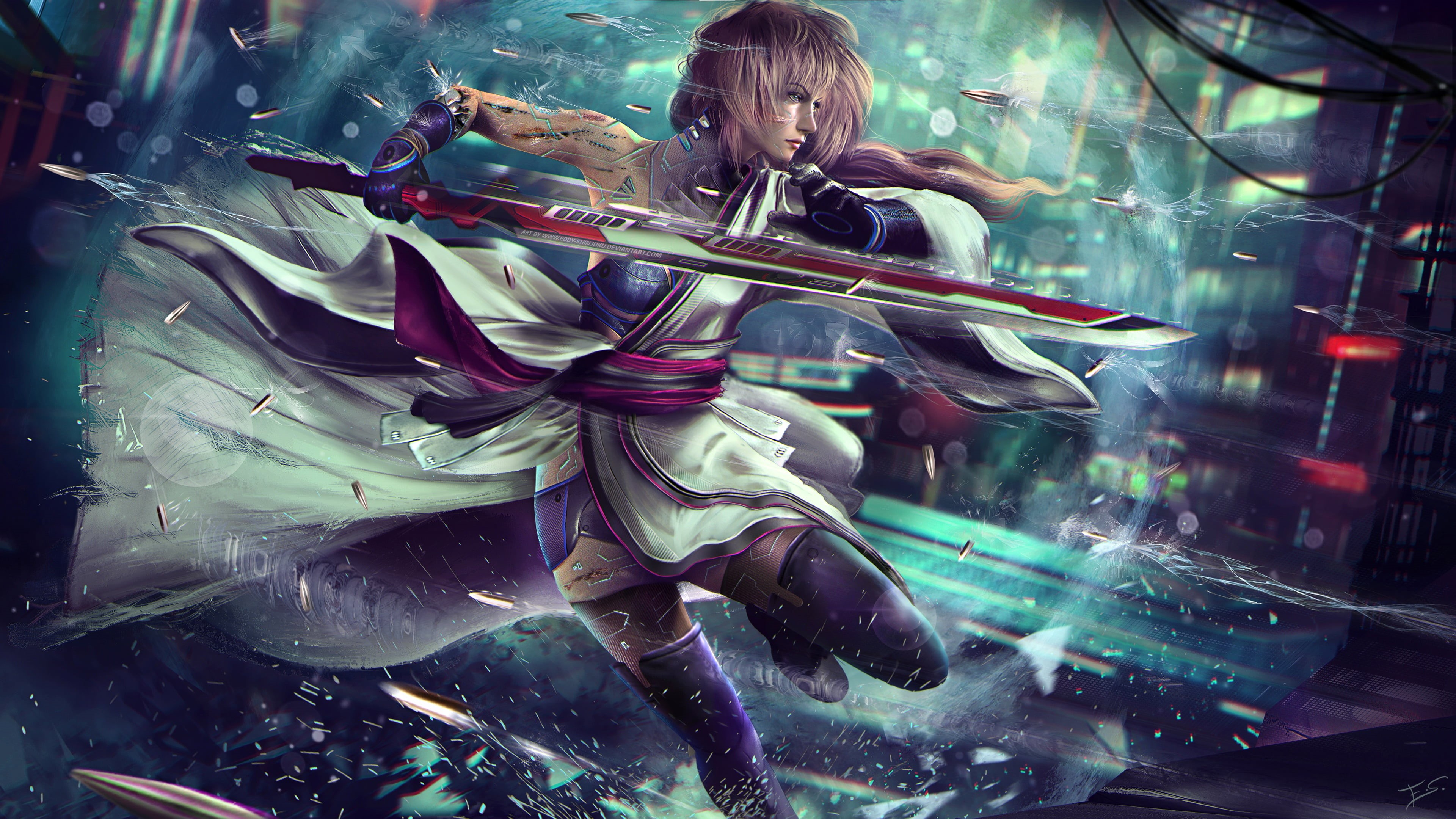 Sword, Video Game, Cyberpunk 2077, Girl, Crossover, Woman Warrior, Cyborg, Pink Hair, 4K, Final Fantasy, Lightning (Final Fantasy), HD Wallpaper