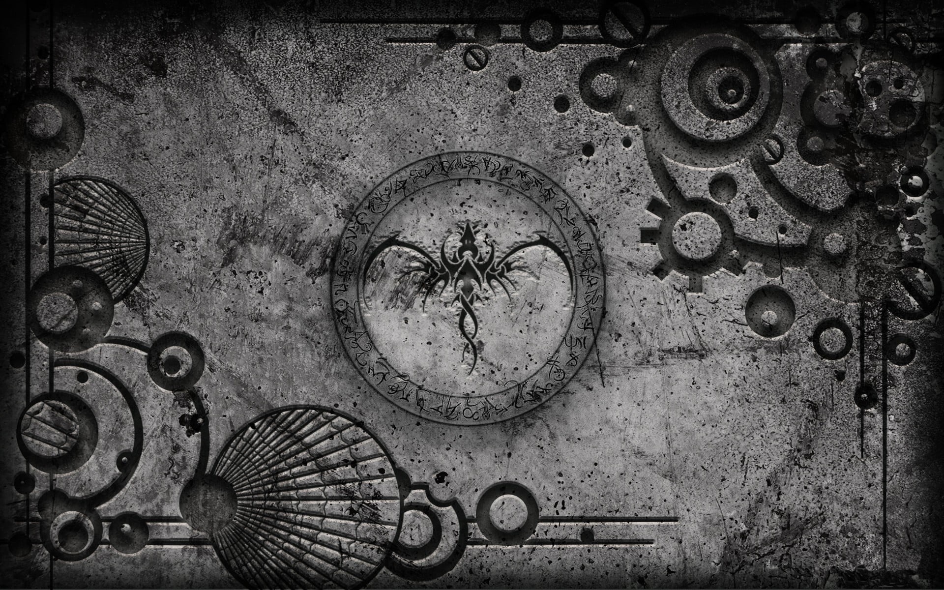 symbols, gray, deterioration, dirt, pattern, digital art, design, monochrome, 1080P, digital, shape, obsolete, clock, abandoned, iron - metal, HD Wallpaper