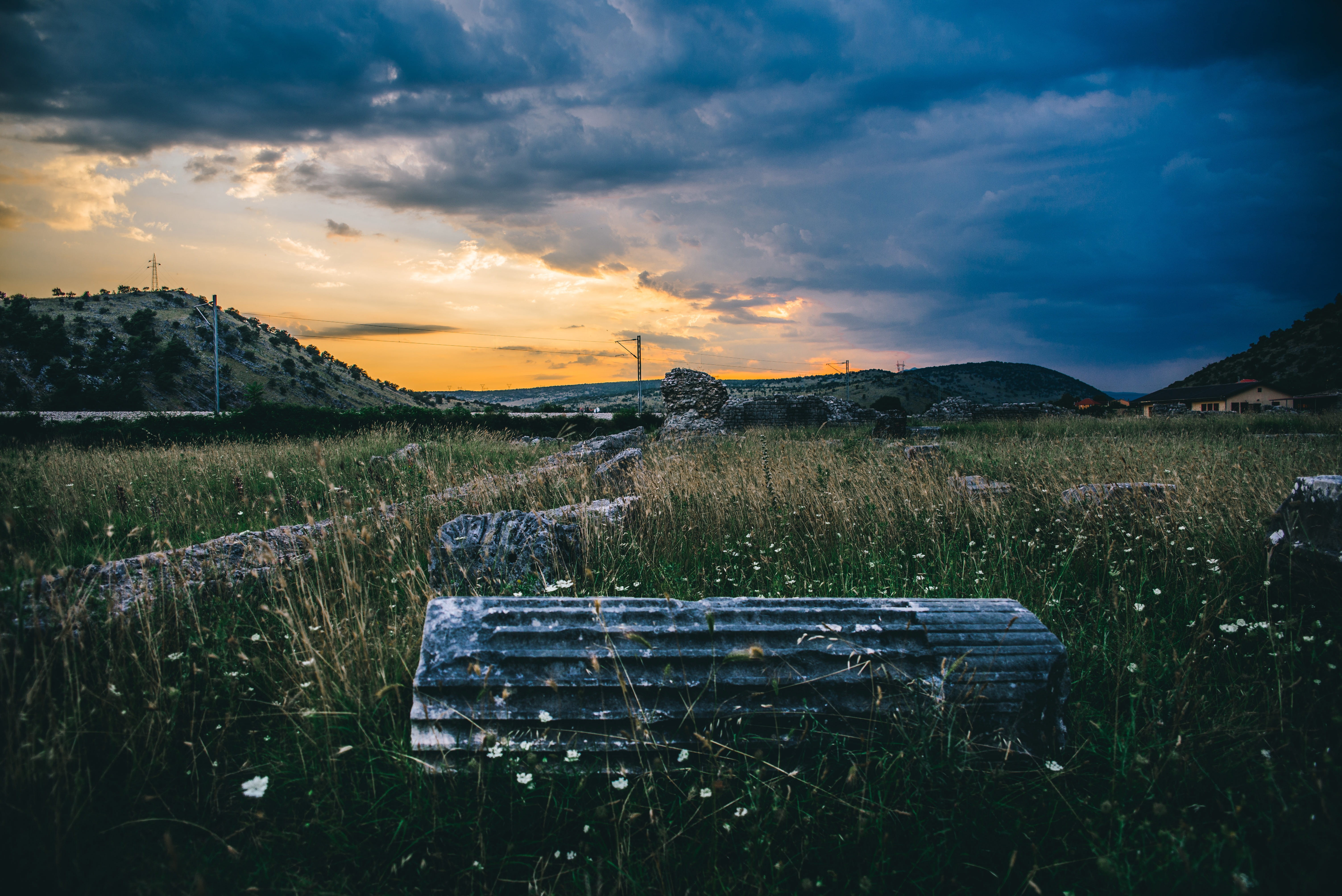 hdr, sunset, remote, roman empire, nature, outdoors, podgorica, doclea, b.c., environment, cloud - sky, scenics - nature, mountain, grass, non-urban scene, HD Wallpaper
