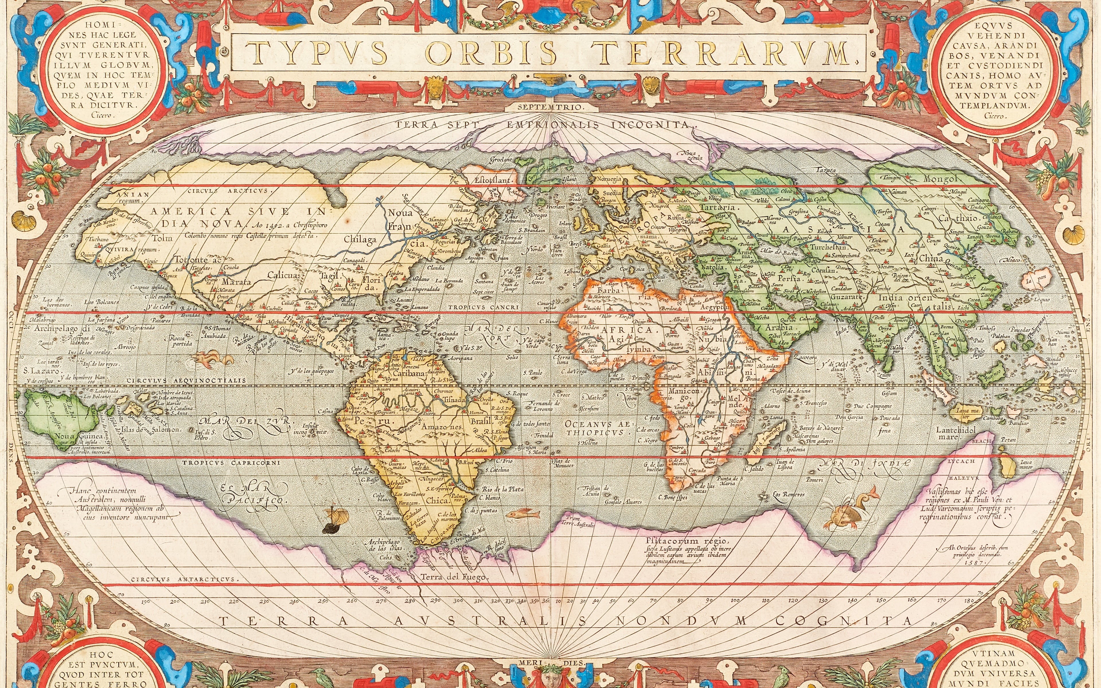 World Map, 1603, old maps, 4K, Hand-coloured oval-shaped engraved world map, Antwerp 1603, Antwerp, Abraham Ortelli, Abraham Ortelius, HD Wallpaper