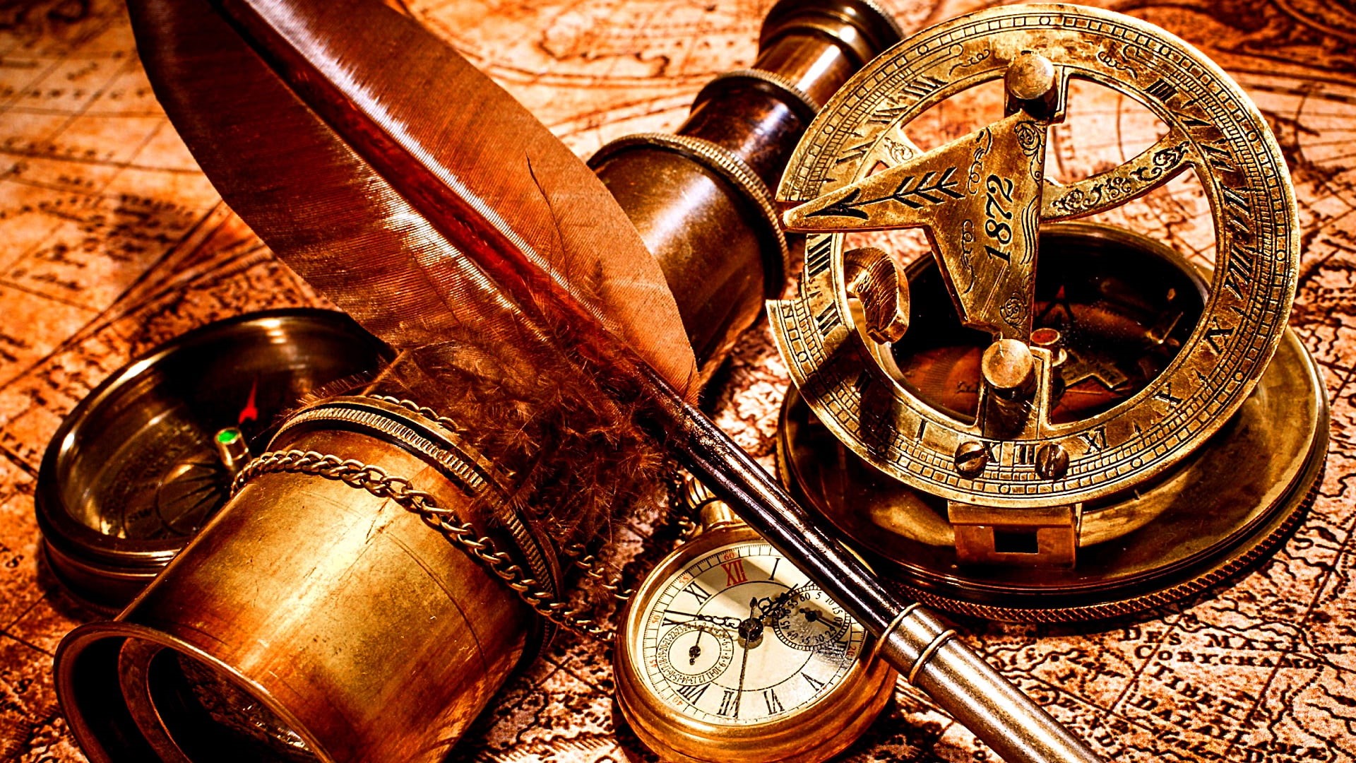 still life, 1080P, map, pocket watch, compass, watch, old map, no people, equipment, copper, abtique, brass, retro styled, time, ornate, wood - material, HD Wallpaper