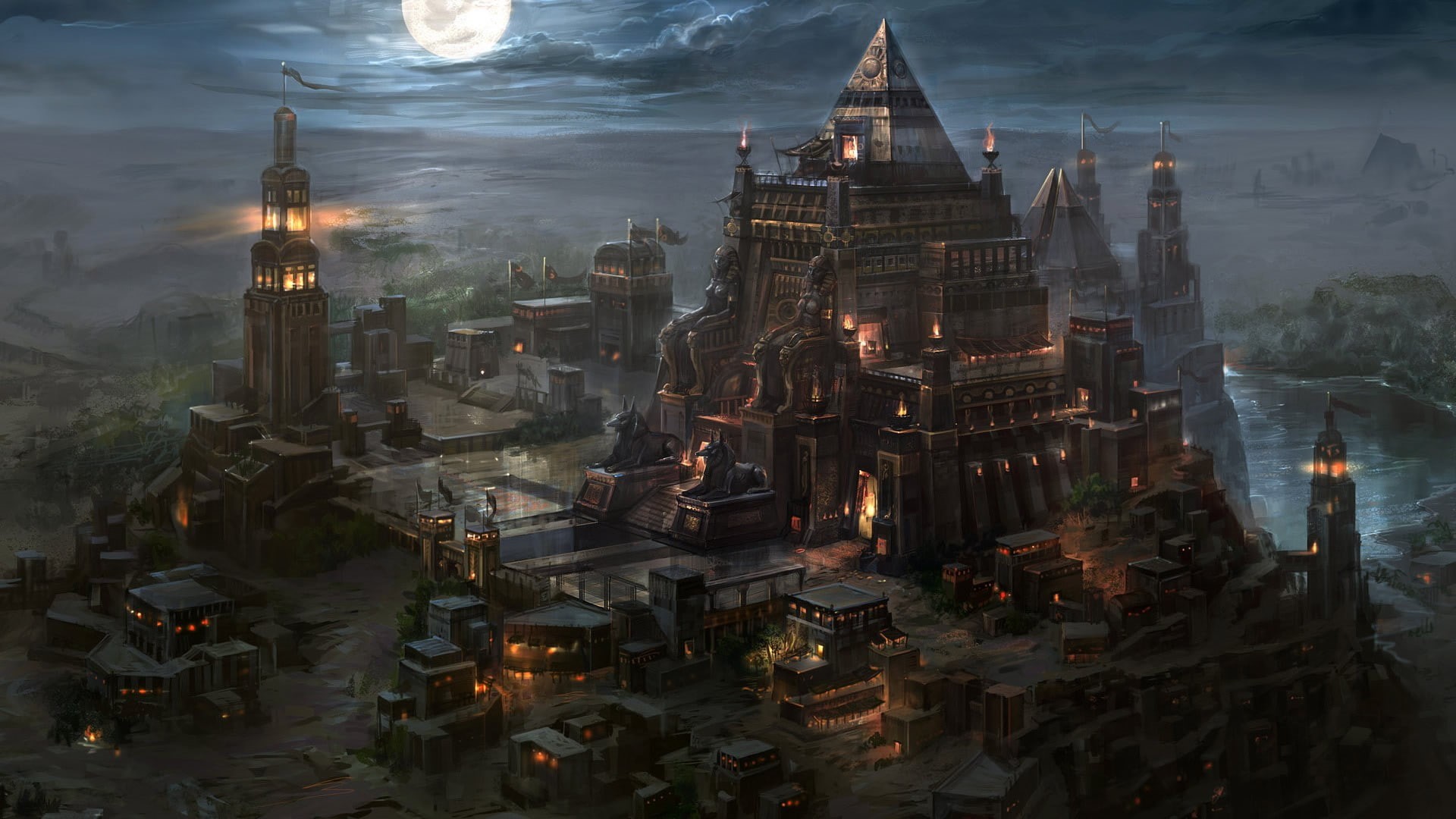 Nile, 1080P, night, fantasy art, pyramid, Egypt, HD Wallpaper