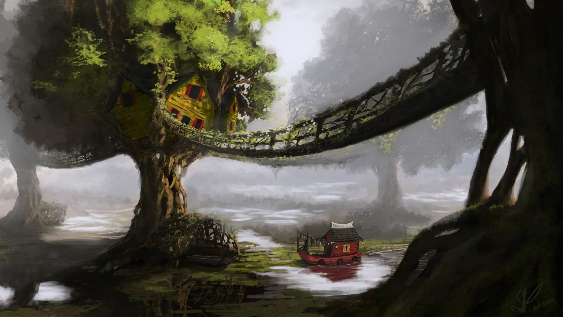 trees, reflection, outdoors, tree, green, boat, digital art, motion, river, plant, cloud - sky, painting, no people, land vehicle, nature, field, mode of transportation, HD Wallpaper