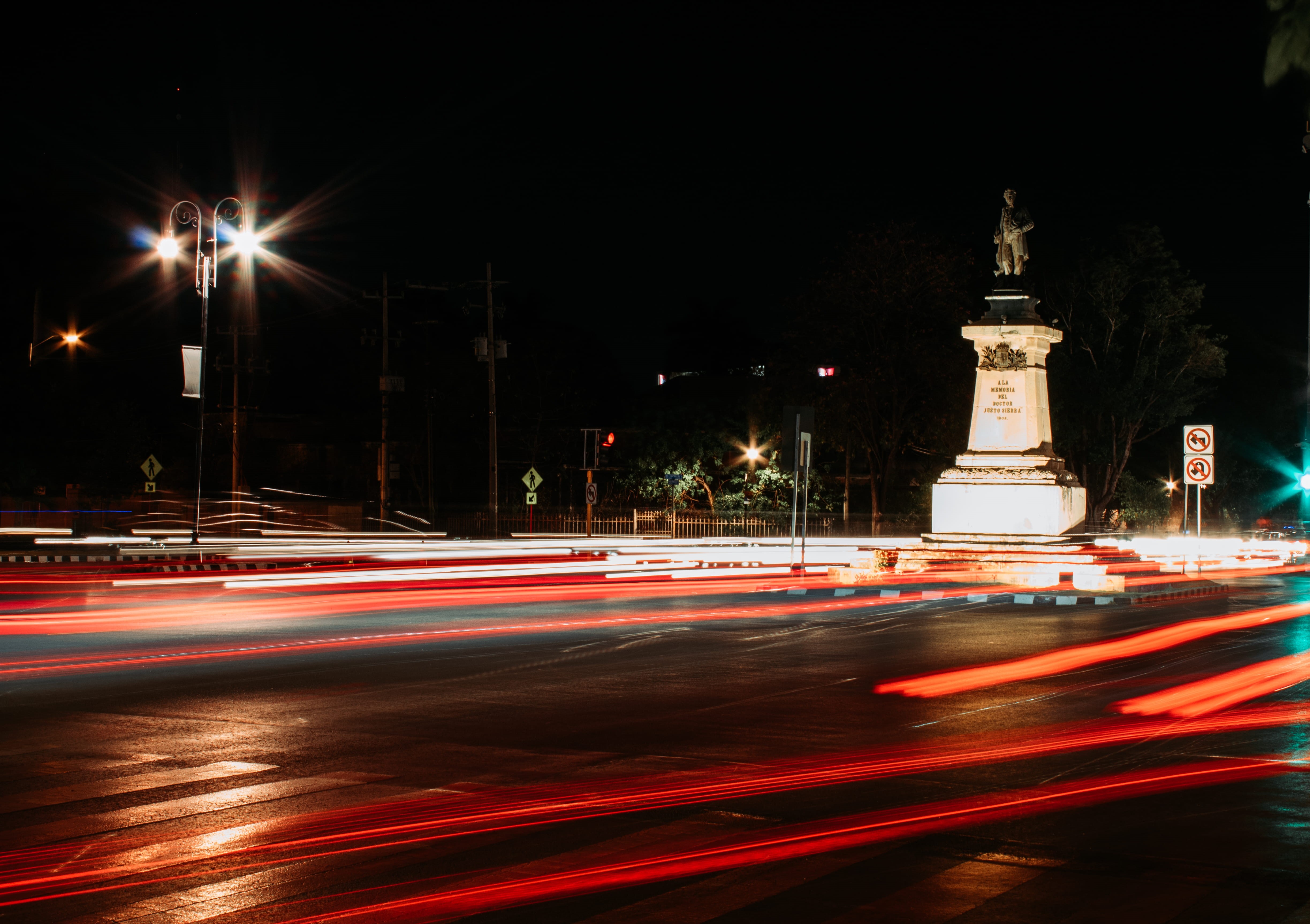paseo montejo, travel destinations, blurred motion, méxico, transportation, moody, road, illuminated, cars, motion, yucatan, long exposure, mexico, outdoors, HD Wallpaper