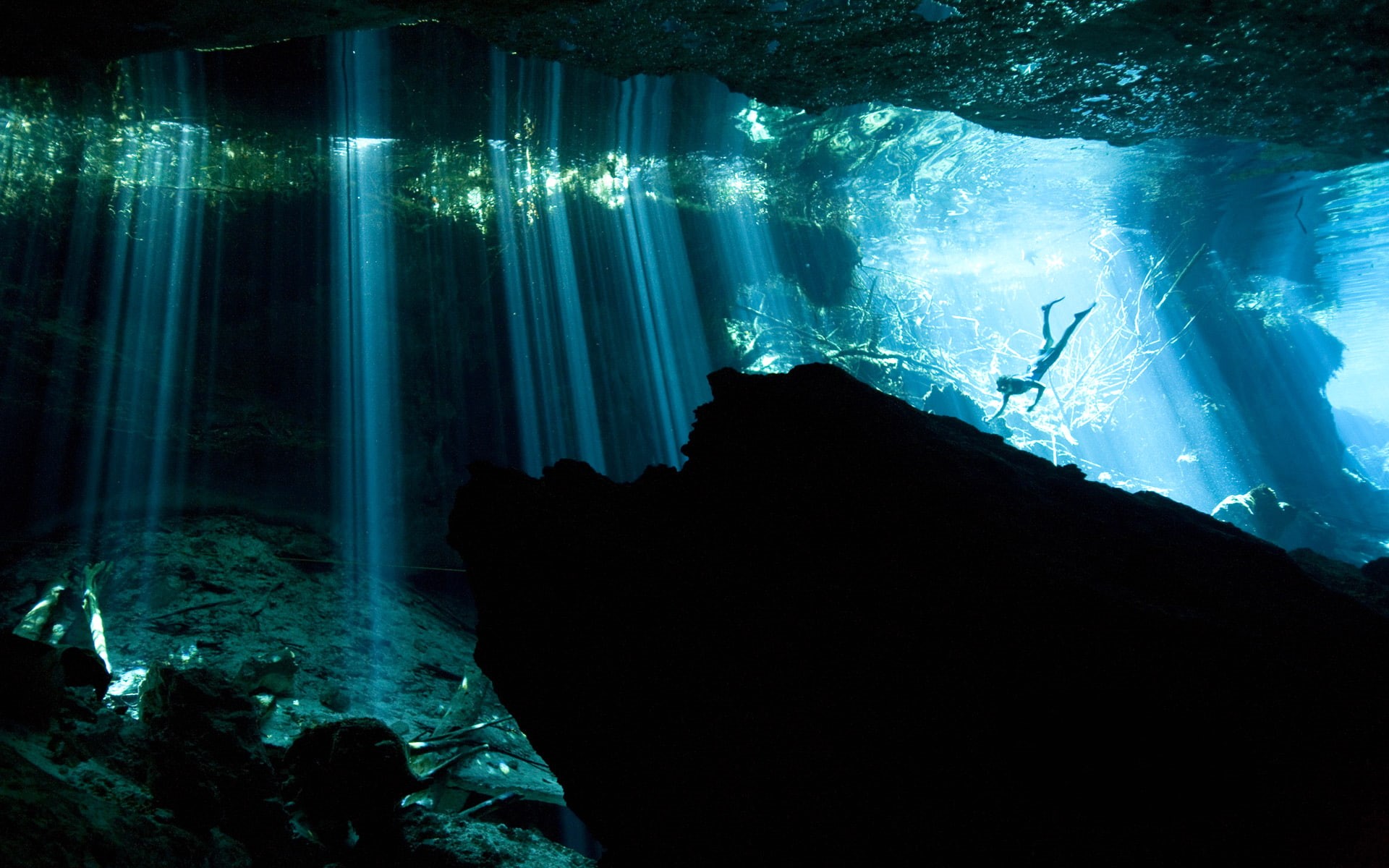 illustration, failure, body, AKUMAL, cenotes, rays, diver, person, Mexico, 1080P, diving, water, HD Wallpaper
