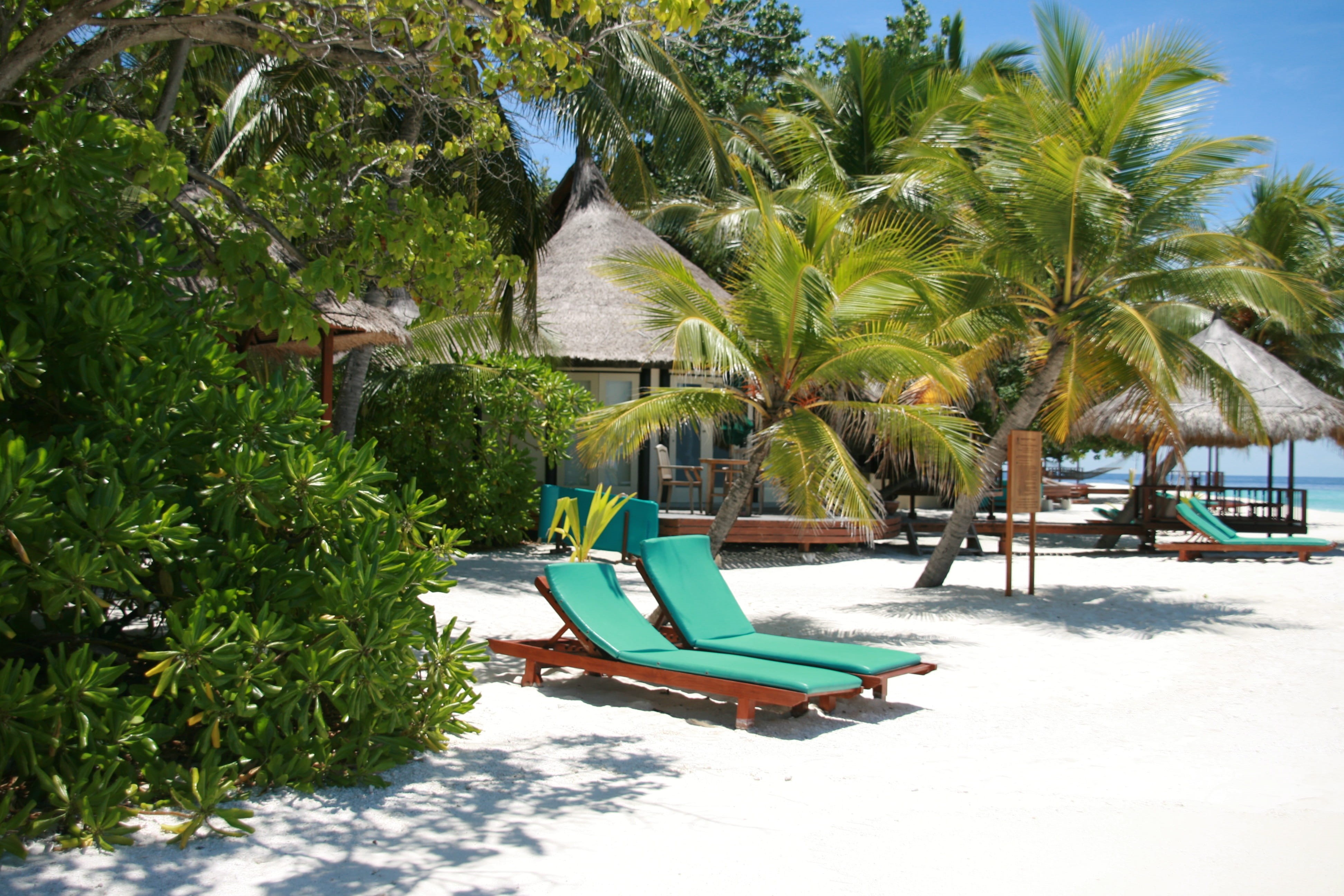 vacations, Summer, tropical Climate, water, lounge Chair, trees, green color, swimming pool, green, sea, outdoors, 4K, island, beaches, absence, seat, HD Wallpaper