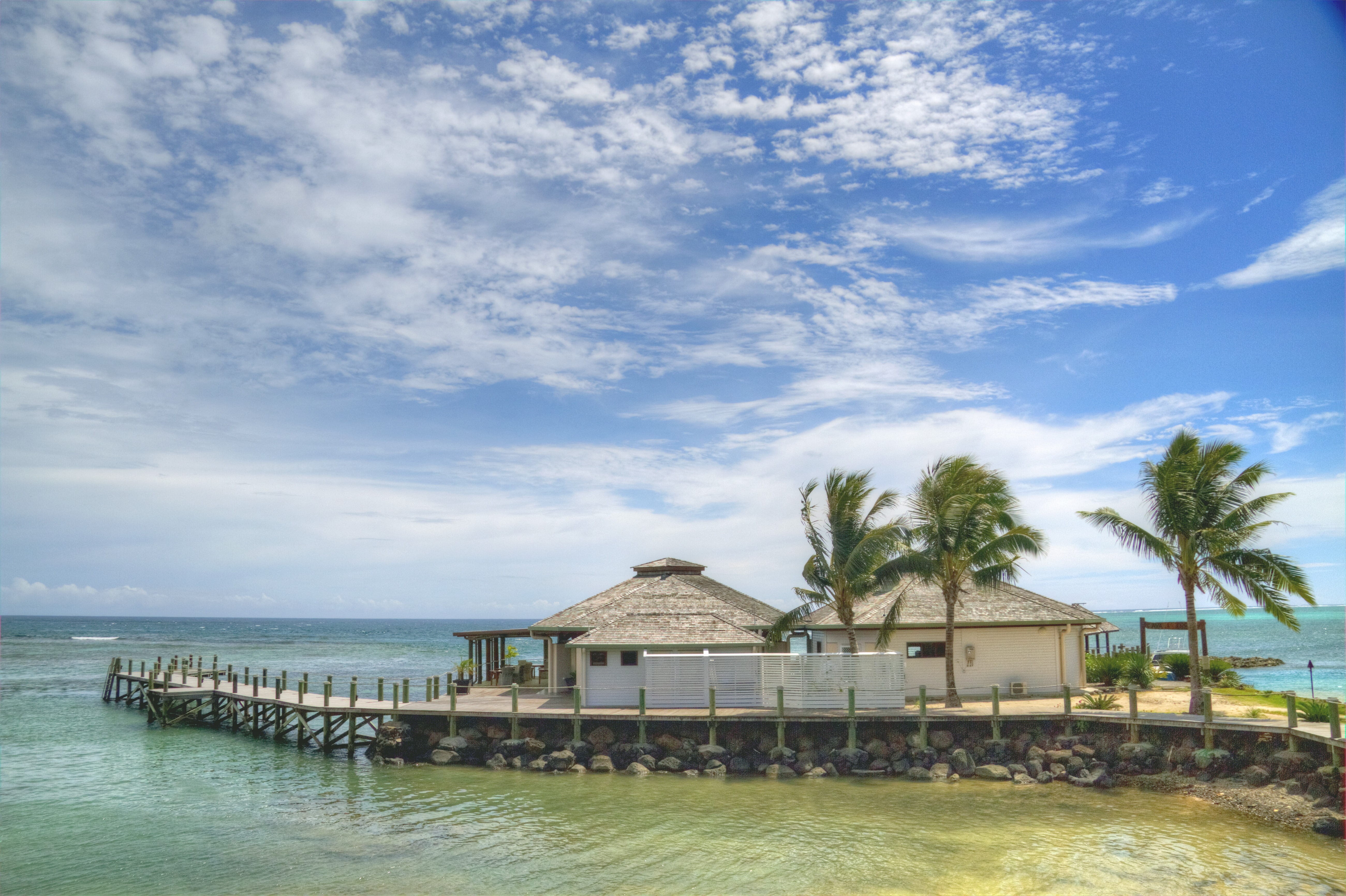 scenics - nature, coconut palm tree, cloud - sky, tranquil scene, Resort, house, sinalei resort, built structure, no People, horizon over water, beauty in nature, HD Wallpaper