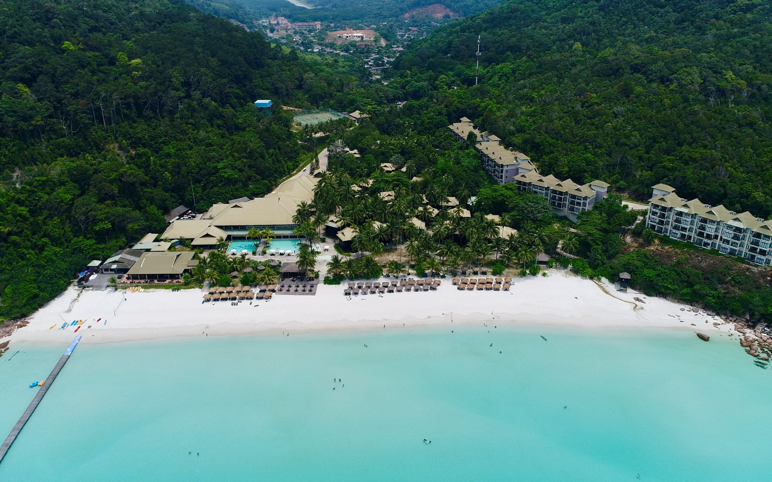turquoise colored, shore, tourism, building, tree, beach, architecture, view, mountain, 1080P, travel, body, plant, house, swimming pool, scenics - nature, HD Wallpaper