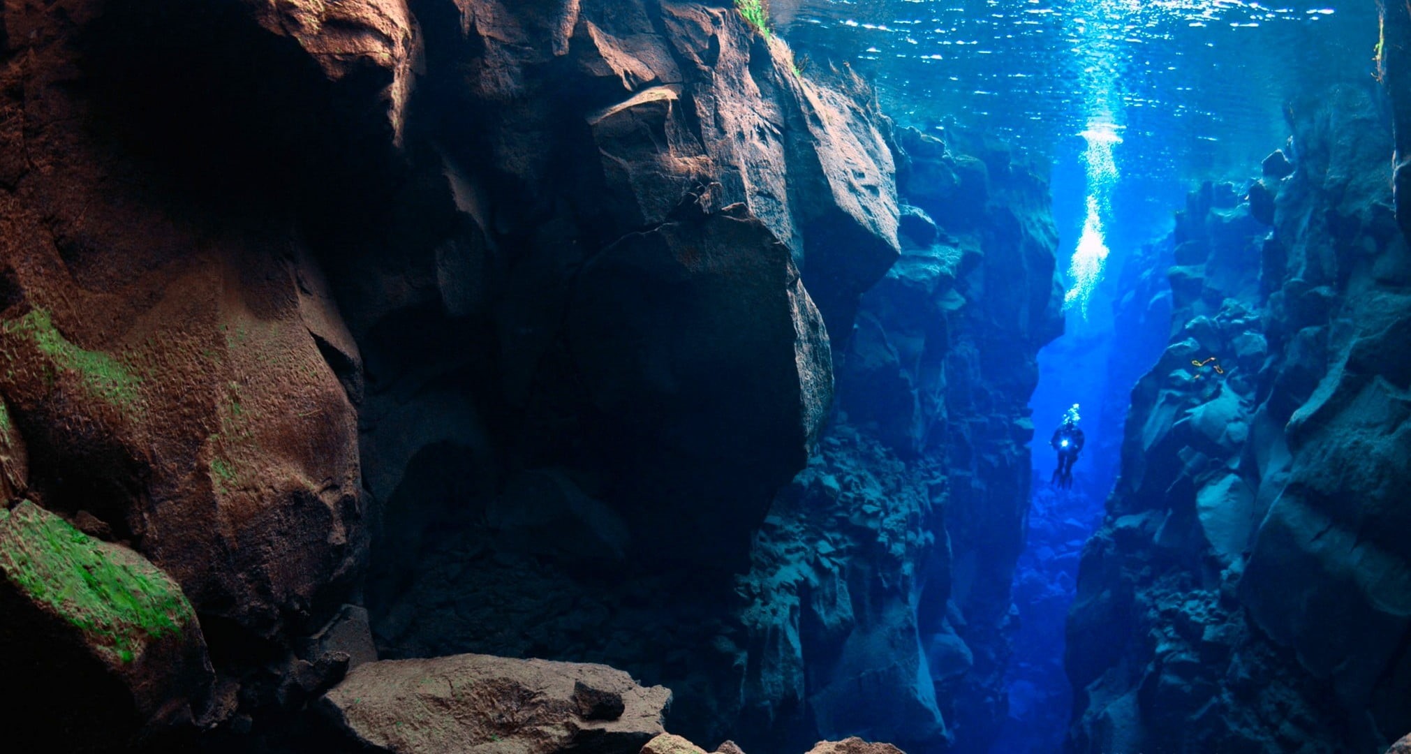 leisure activity, rock formation, photo, Iceland, real people, scuba diving, outdoors, nature, swimming, sea, 1080P, adventure, cave, marine, rock, water, HD Wallpaper
