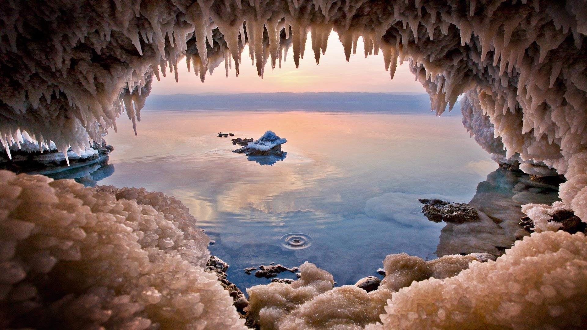 water, sea, 1080P, Jordan (country), rock, sunset, Salt, nature, reflection, landscape, Dead Sea, cave, HD Wallpaper