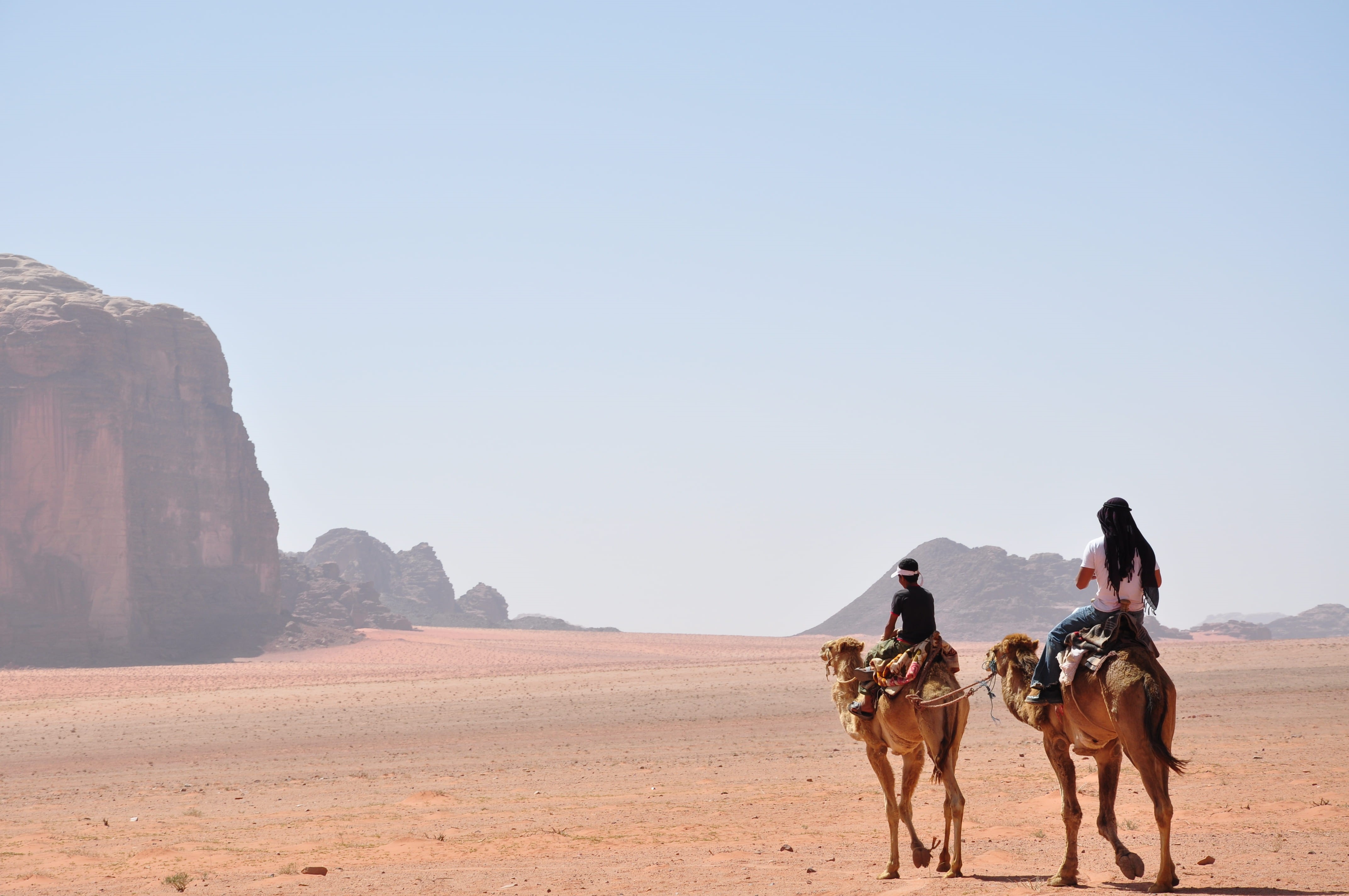 camel ride, horse, land, men, camels, scenics - nature, two, women, view, travel destinations, young adult, photo, walking, sky, man, rock, formations, HD Wallpaper