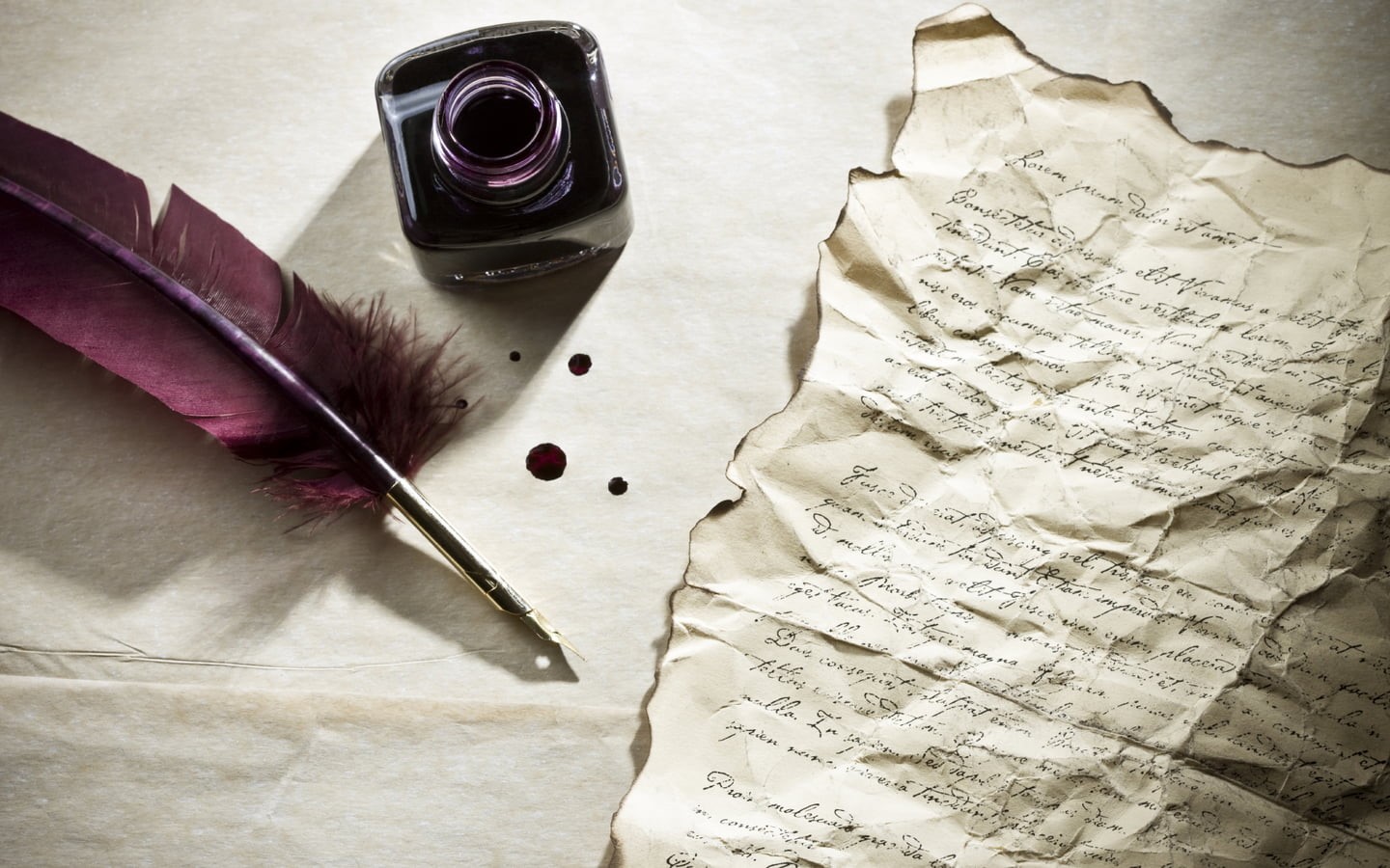 nostalgia, table, communication, stained, no people, document, pen, ink well, ink, dirt, dirty, 720P, feather, pens, indoors, old, antique, text, ruined, HD Wallpaper