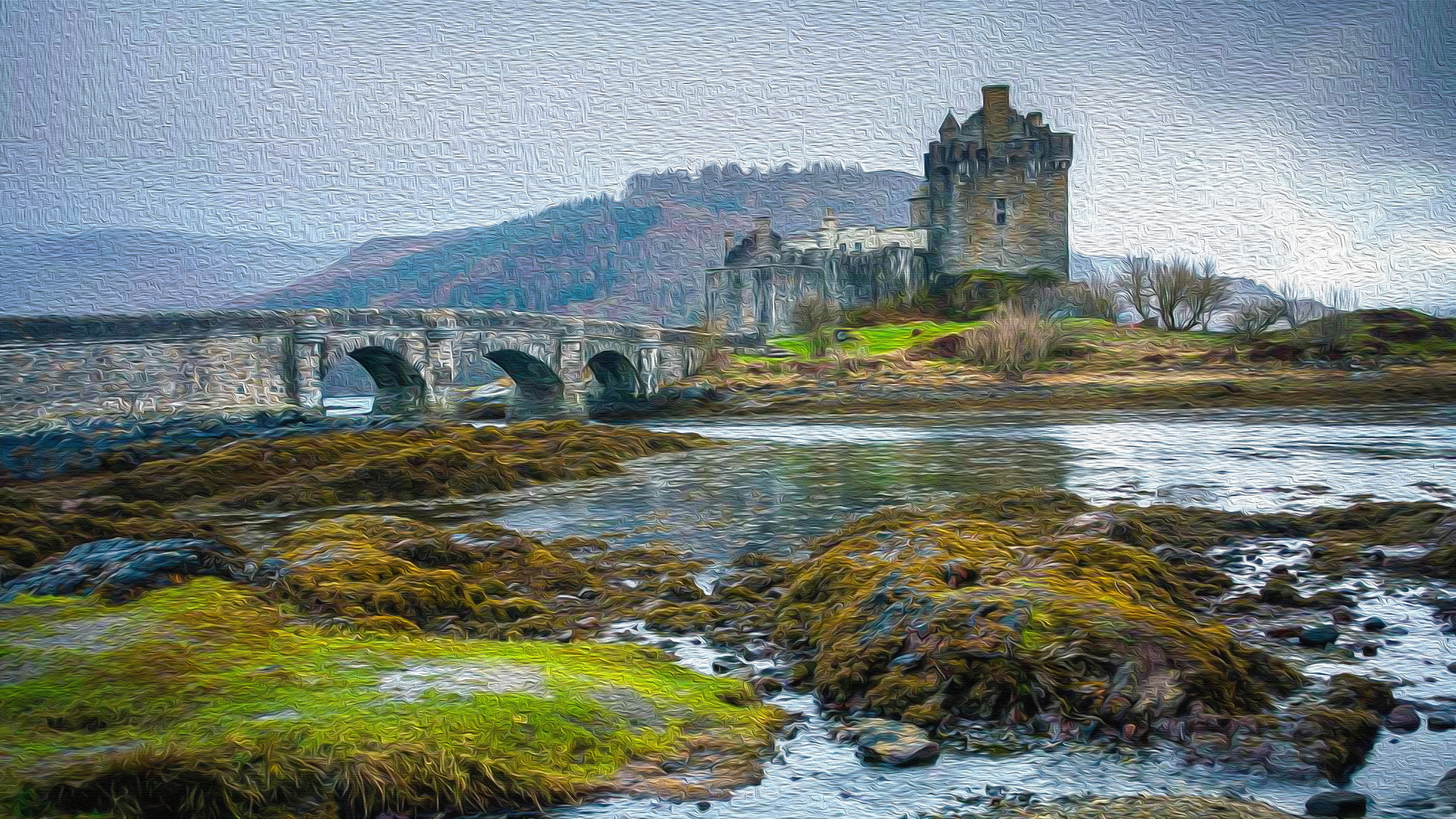 Eilean Donan, bridge, castle, 4K, oil painting, HD Wallpaper