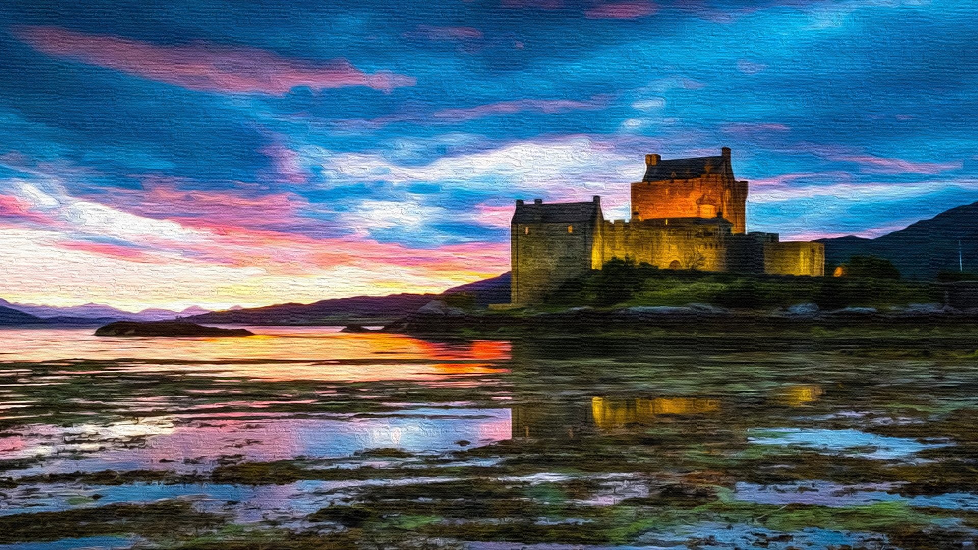 water, mountain, Castle, no people, sunset, beauty in nature, architecture, building, Castles, Lake, the past, building exterior, travel destinations, scenics - nature, HD Wallpaper