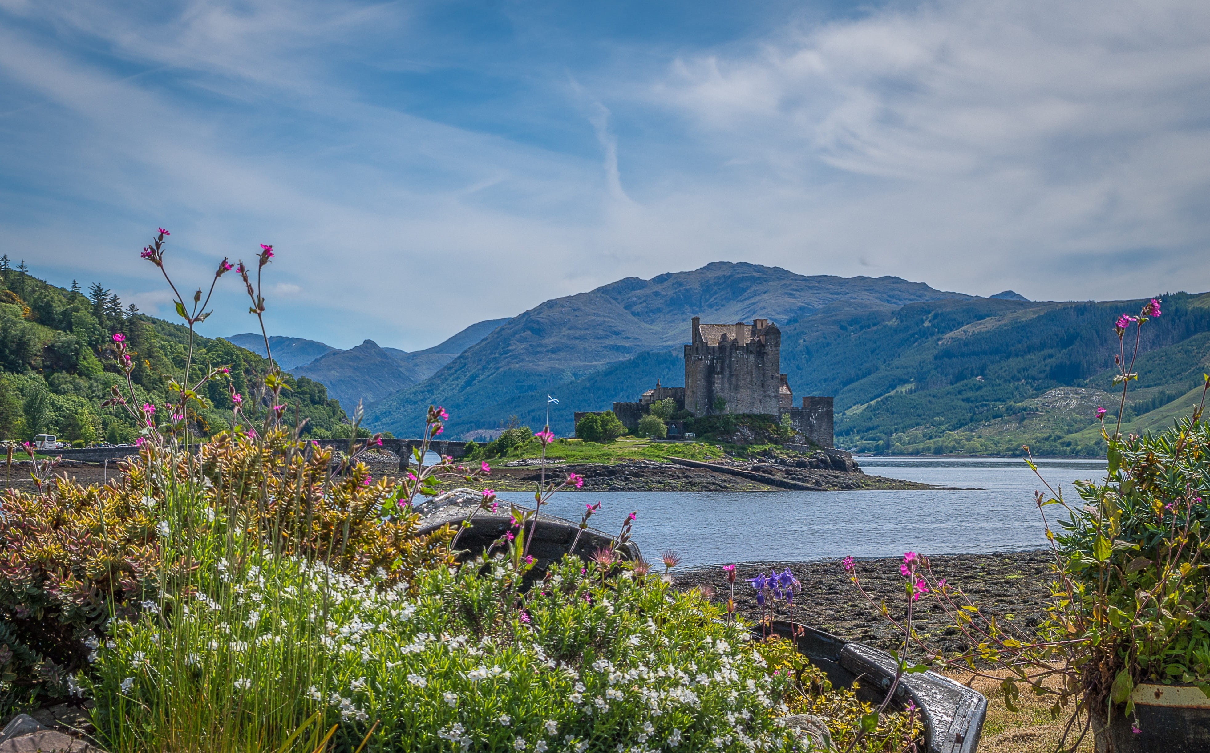 building exterior, masonry, day, beauty in nature, plant, belief, history, religion, 4K, tree, architecture, castle, eilean donan castle, outdoors, landscape, HD Wallpaper