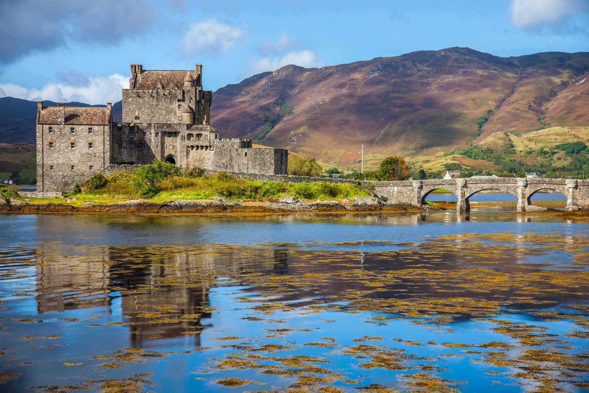Scotland, bridge, 1080P, the fjord, the Eilean Donan castle, mountains, HD Wallpaper