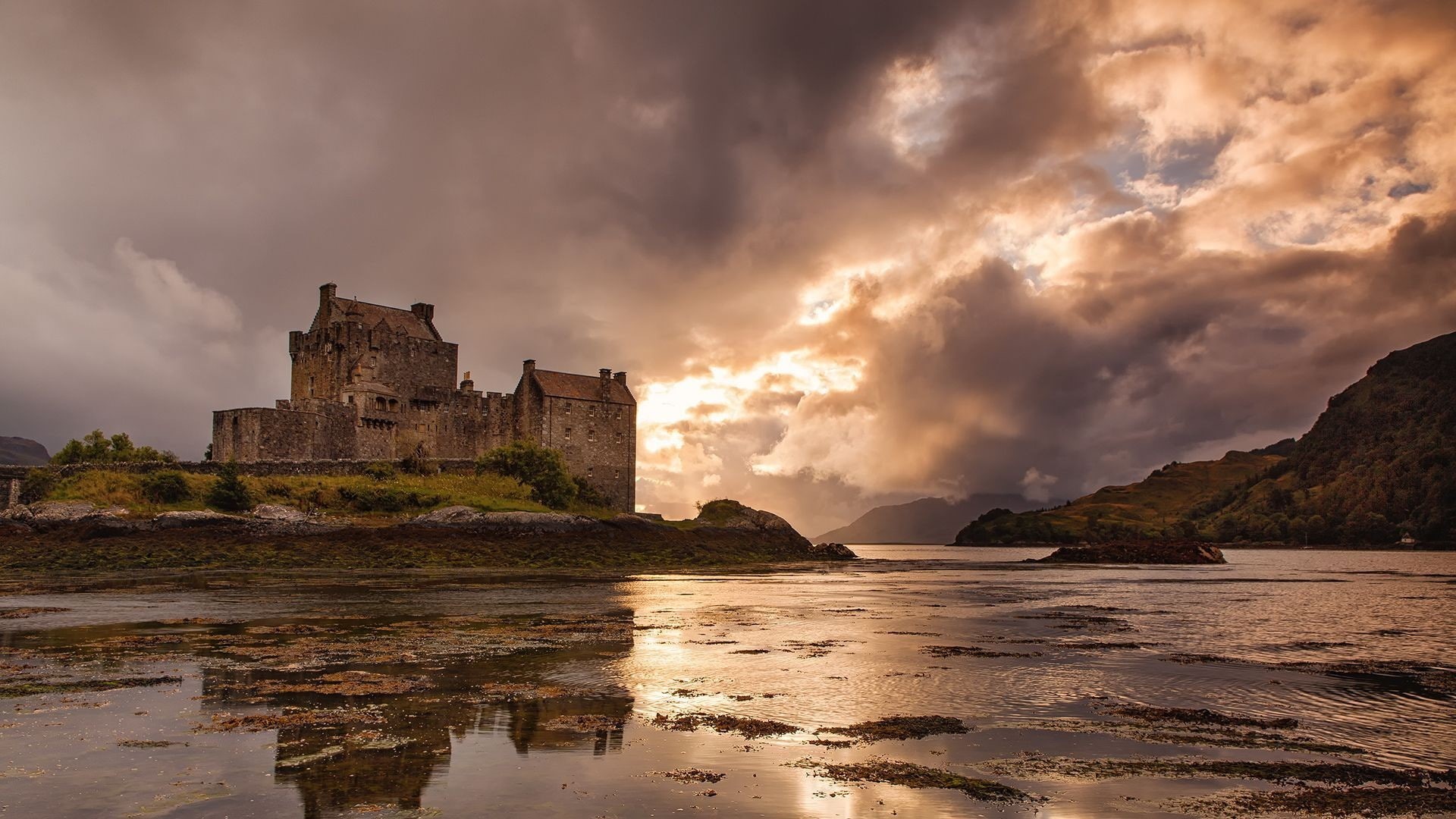 reflection, clouds, Scotland, lake, landscape, island, mountains, nature, 1080P, ruins, UK, castle, Trees, architecture, forest, Eilean Donan, HD Wallpaper