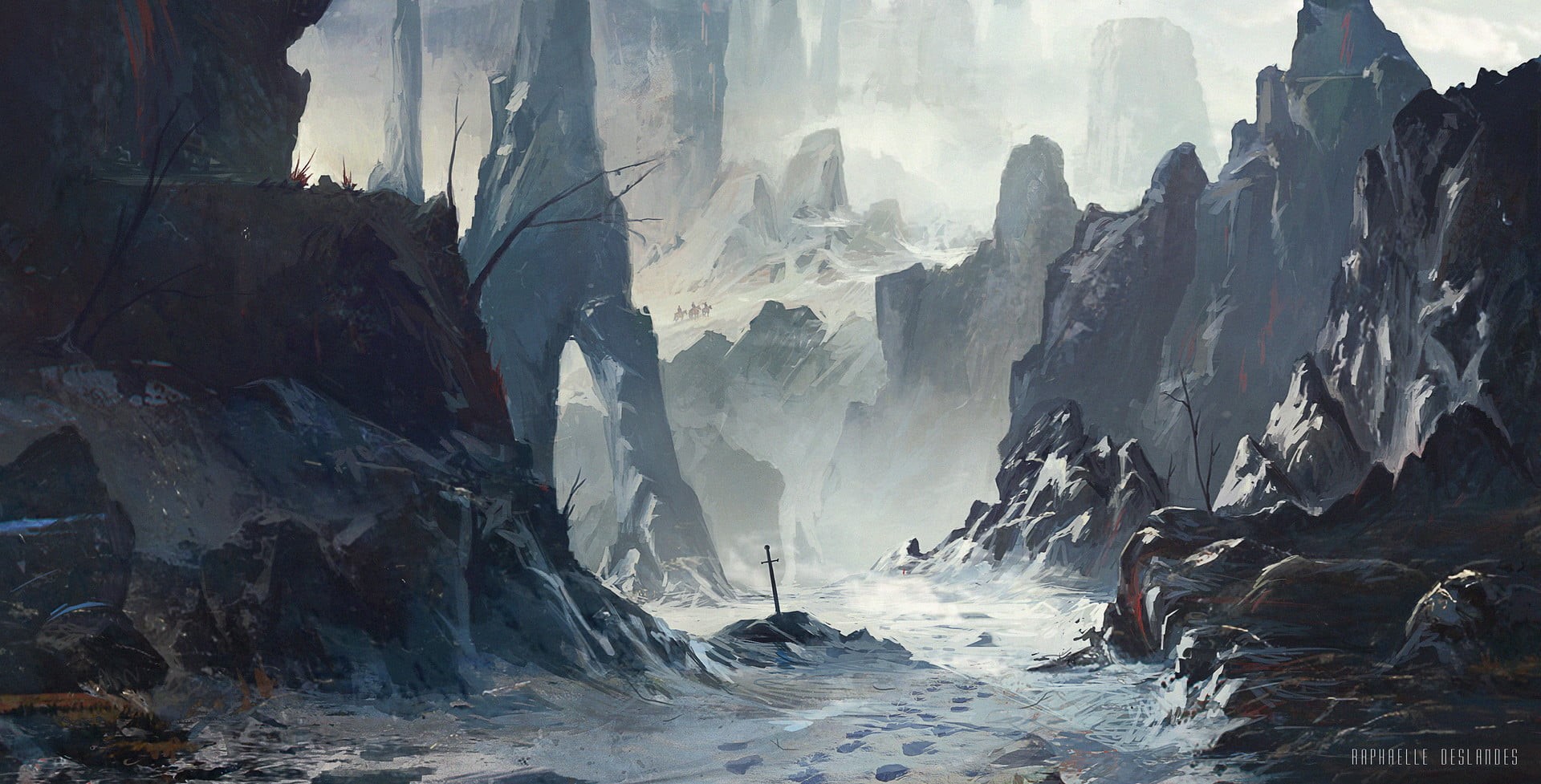 day, solid, rocks, ice, rock formation, environment, 1080P, sunlight, snow, digital art, landscape, no people, sword, geology, formation, cold temperature, HD Wallpaper