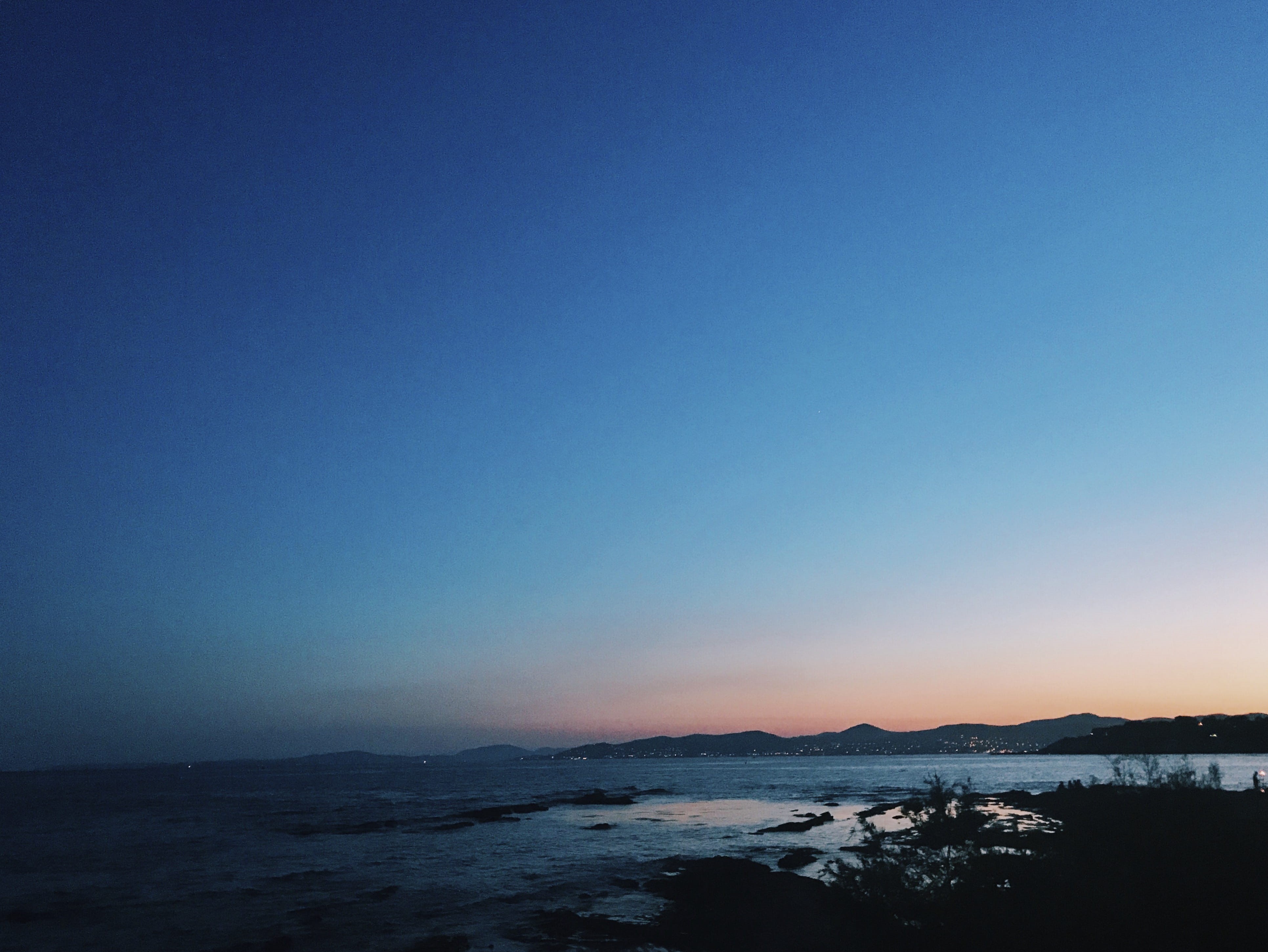 seaside, tranquility, sea, idyllic, colors, france, silhouette, beach, sky, saint-raphaël, french riviera, tranquil scene, mountain, 4K, scenics - nature, HD Wallpaper