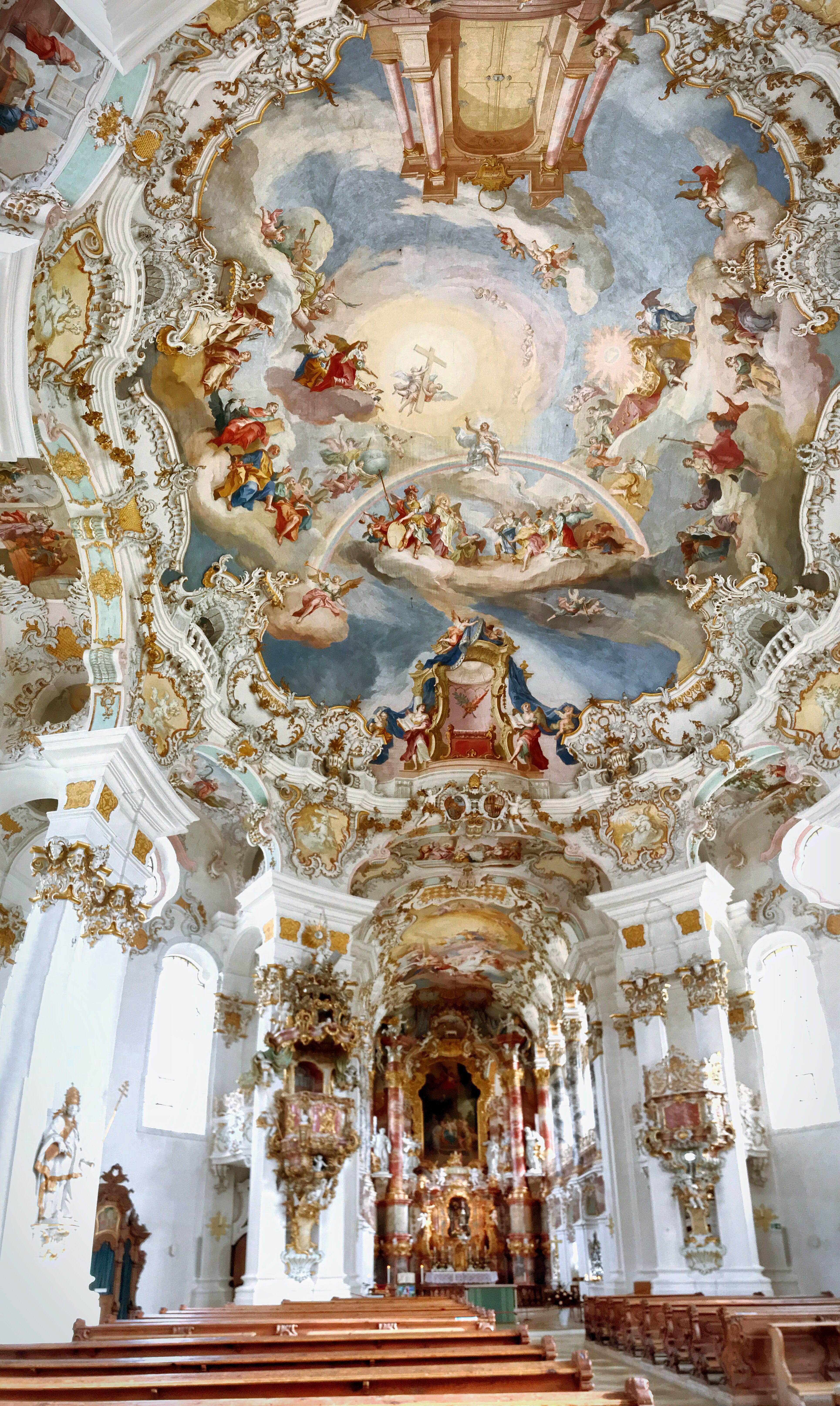 fresco, representation, sculpture, steingaden, baroque, spirituality, building, low angle view, art and craft, god, mural, indoors, wieskirche, religion, Phone HD Wallpaper