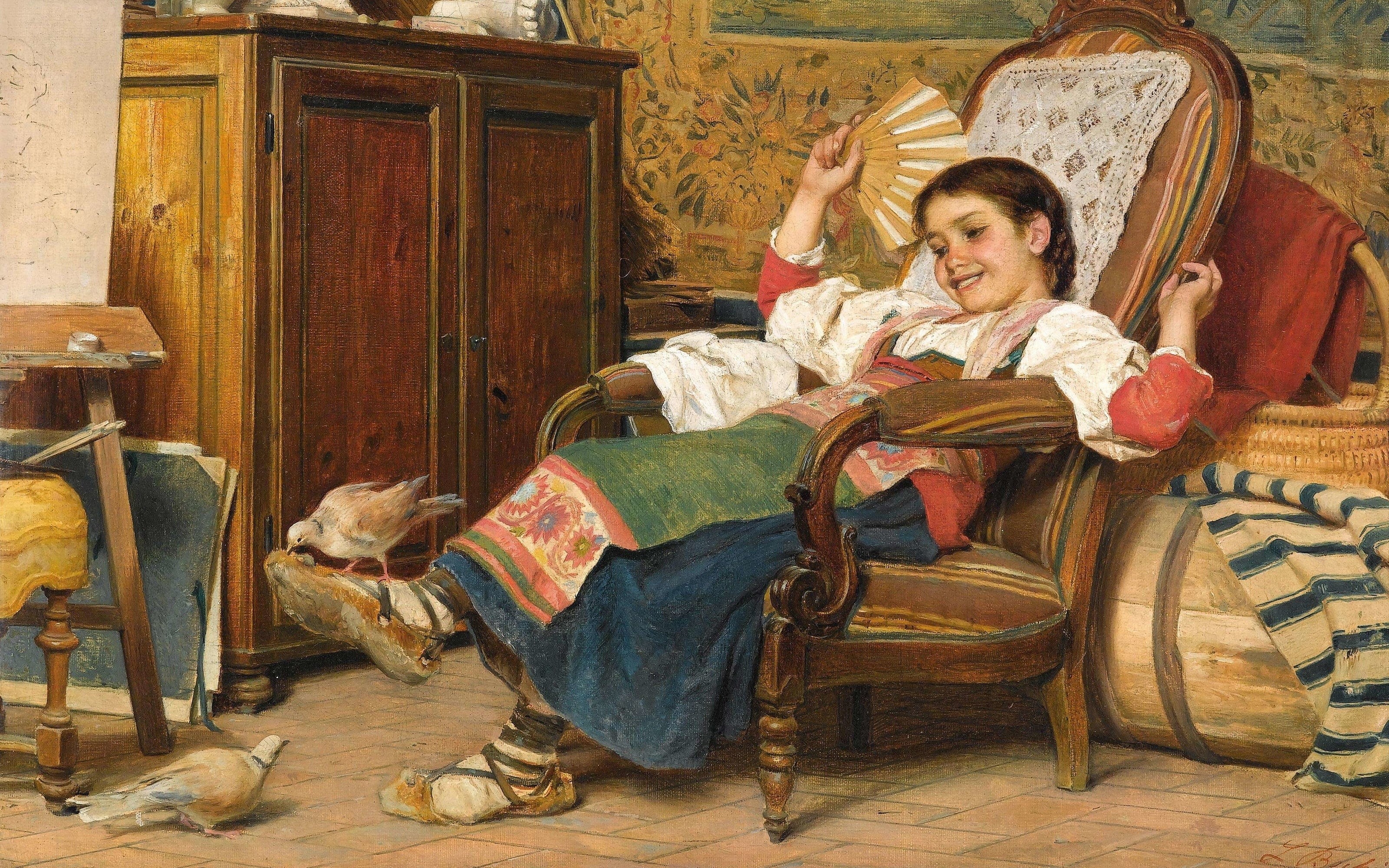 2K, Homing pigeons, oil on canvas, Luigi Bečić, 1919, Italian painter, The pet doves, Luigi Bechi, HD Wallpaper