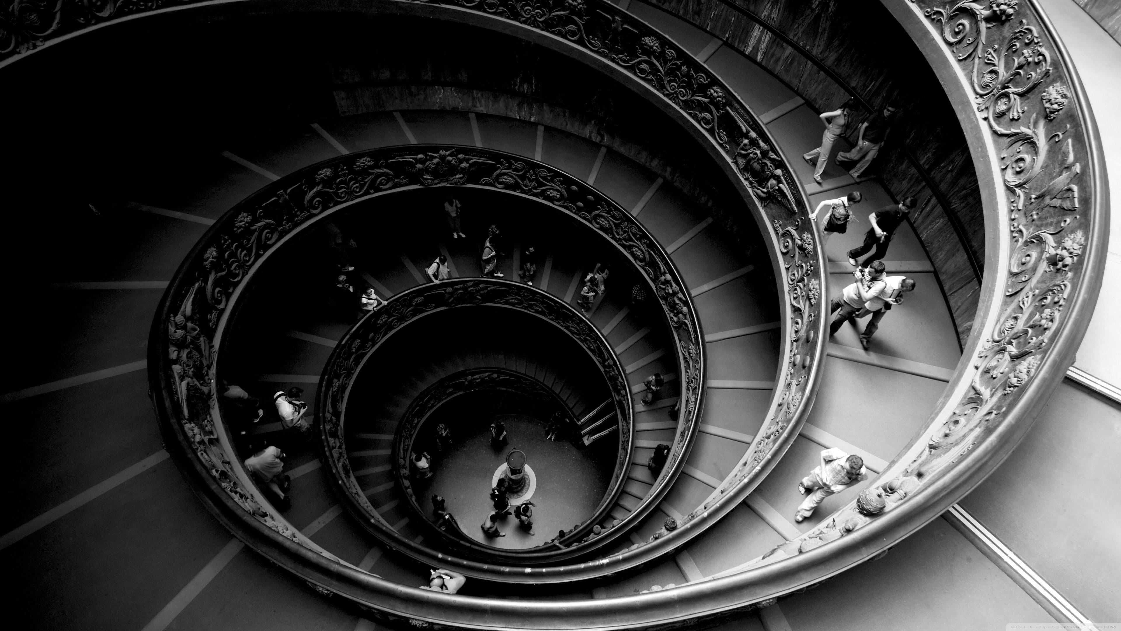 indoors, incidental people, built structure, black and white, 4K, railing, spiral staircase, vatican museums, vatican city, tourism, photography, circle, HD Wallpaper