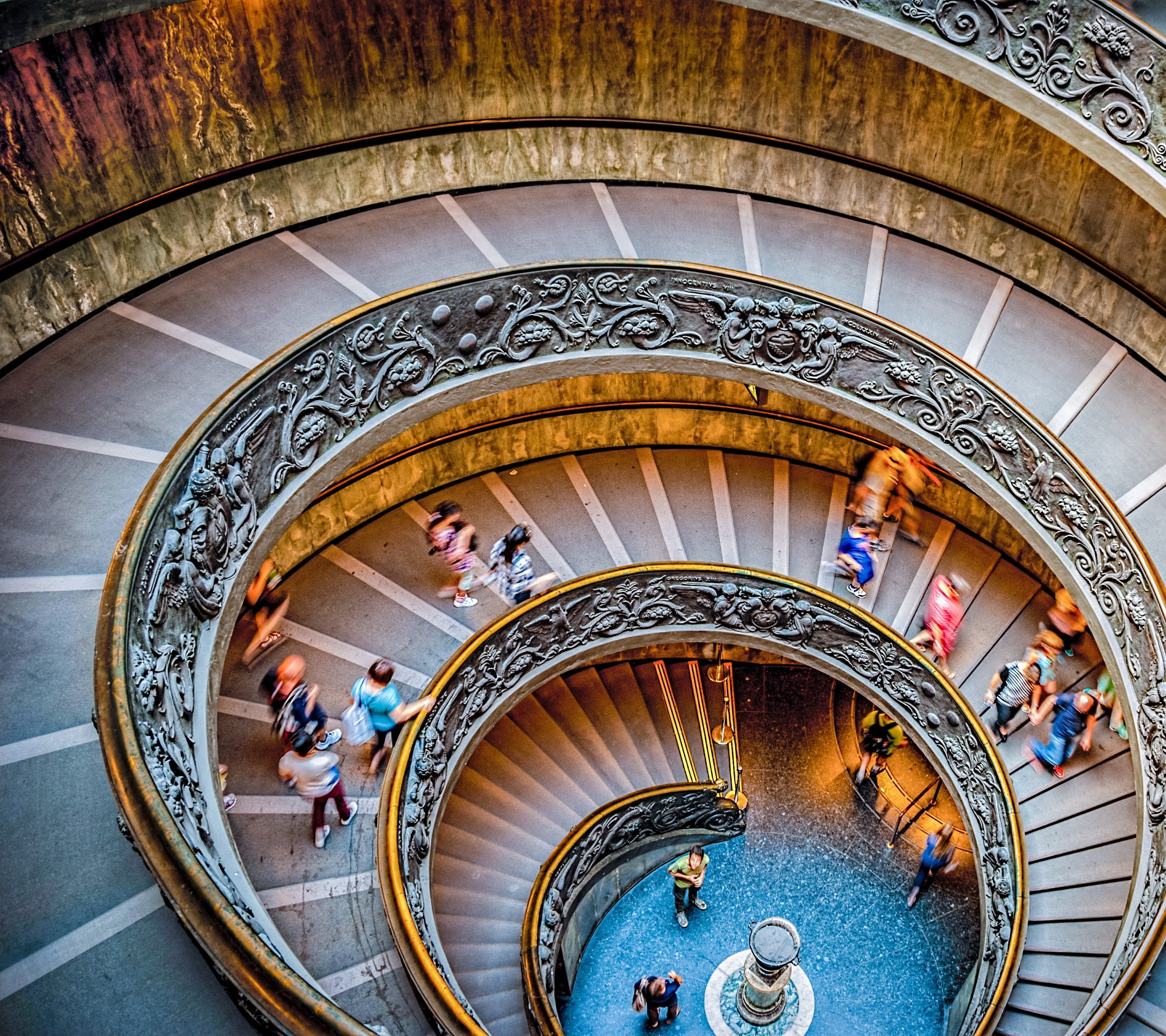 people, ornate, vatican, museum, railing, steps and staircases, circular staircase, circular, tourism, case, spiral staircase, travel destinations, large group of people, HD Wallpaper