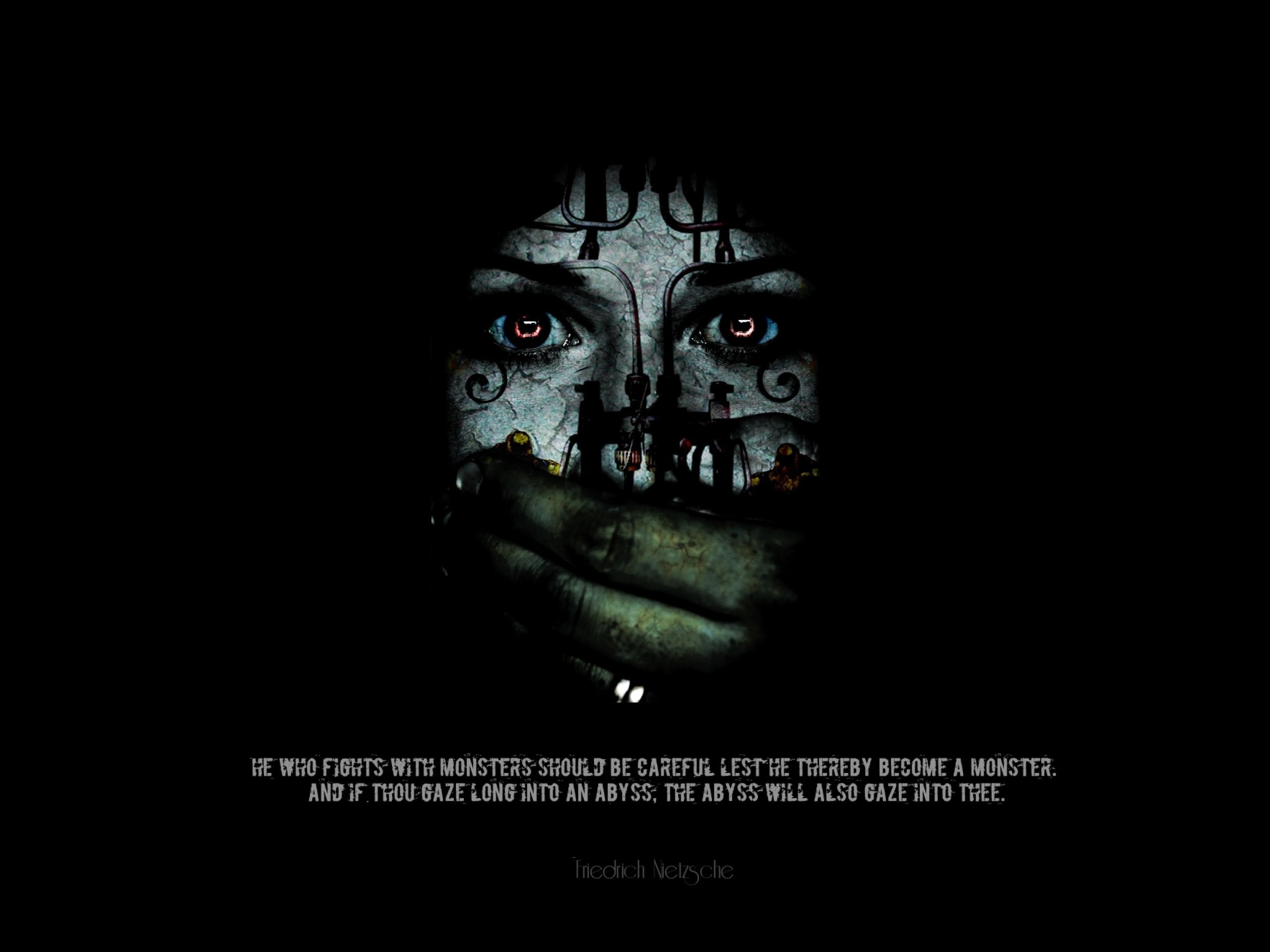 text, philosophy, human representation, studio shot, dark, halloween, indoors, monster - fictional character, horror, fear, copy space, evil, spooky, looking at camera, HD Wallpaper