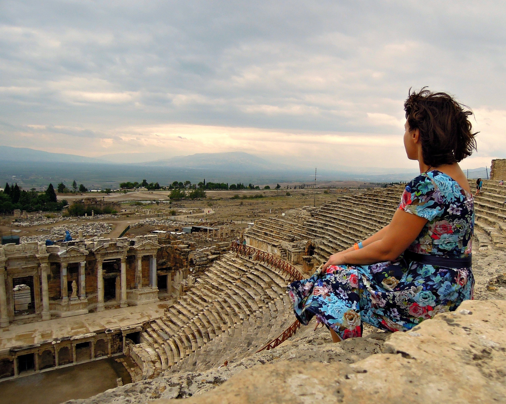 stone, view, real people, outdoors, clouds, woman, built structure, cloud - sky, behind, amphitheater, casual clothing, dress, ruined, girl, denizli, travel, HD Wallpaper