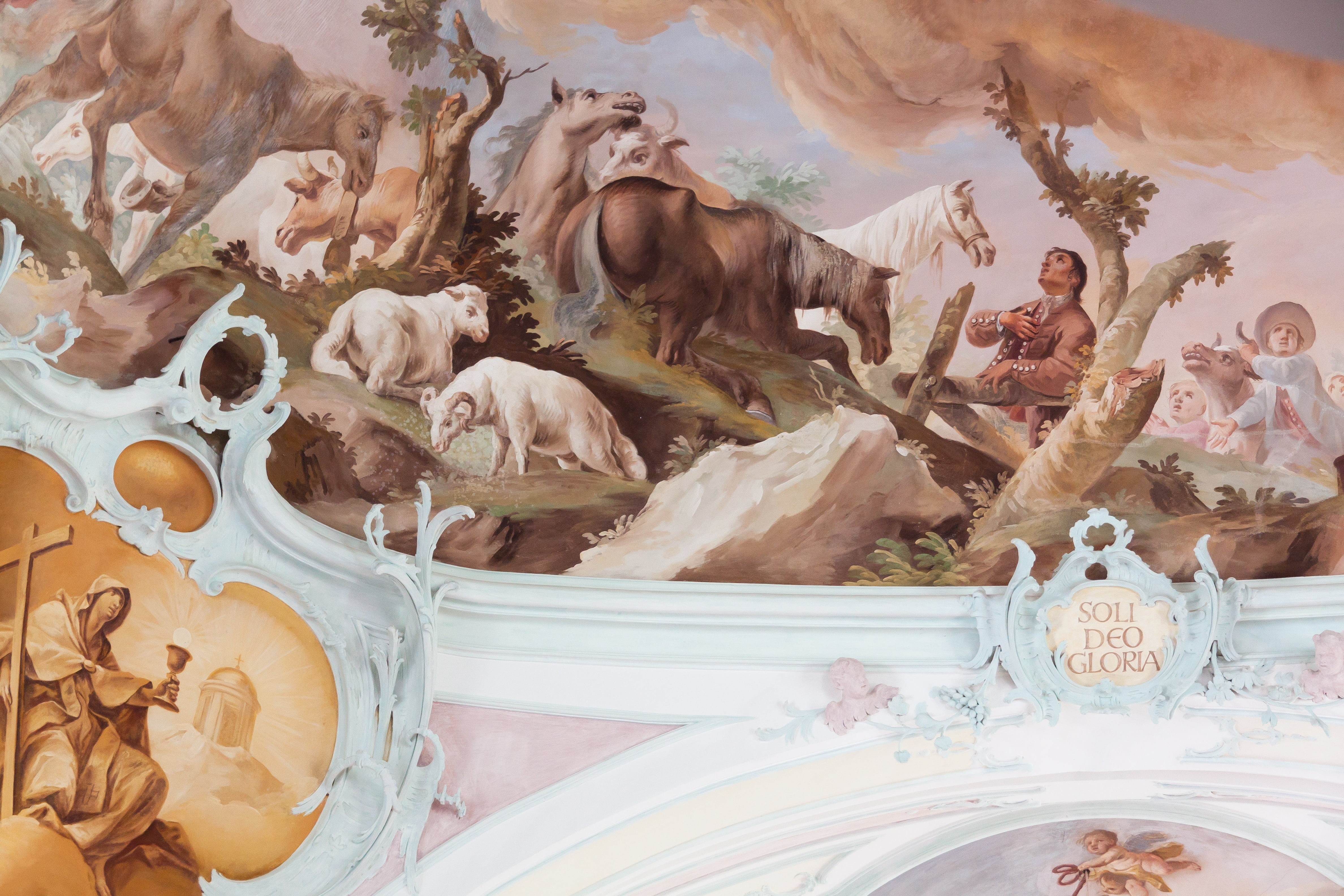 digital composite, mammal, representation, day, indoors, ceiling painting, sheep, group of animals, domestic, faith, people, 4K, mural, women, font, horses, HD Wallpaper
