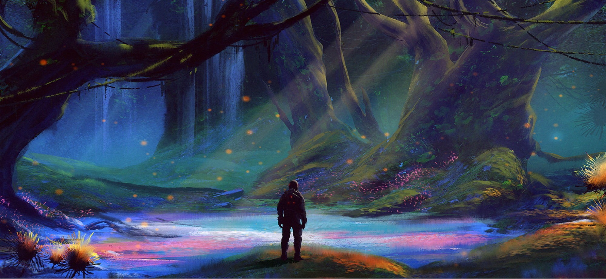 rear view, forest, outdoors, leisure activity, multi colored, painting, watching, water, land, concept art, 1080P, environment, men, tranquility, scenics - nature, HD Wallpaper