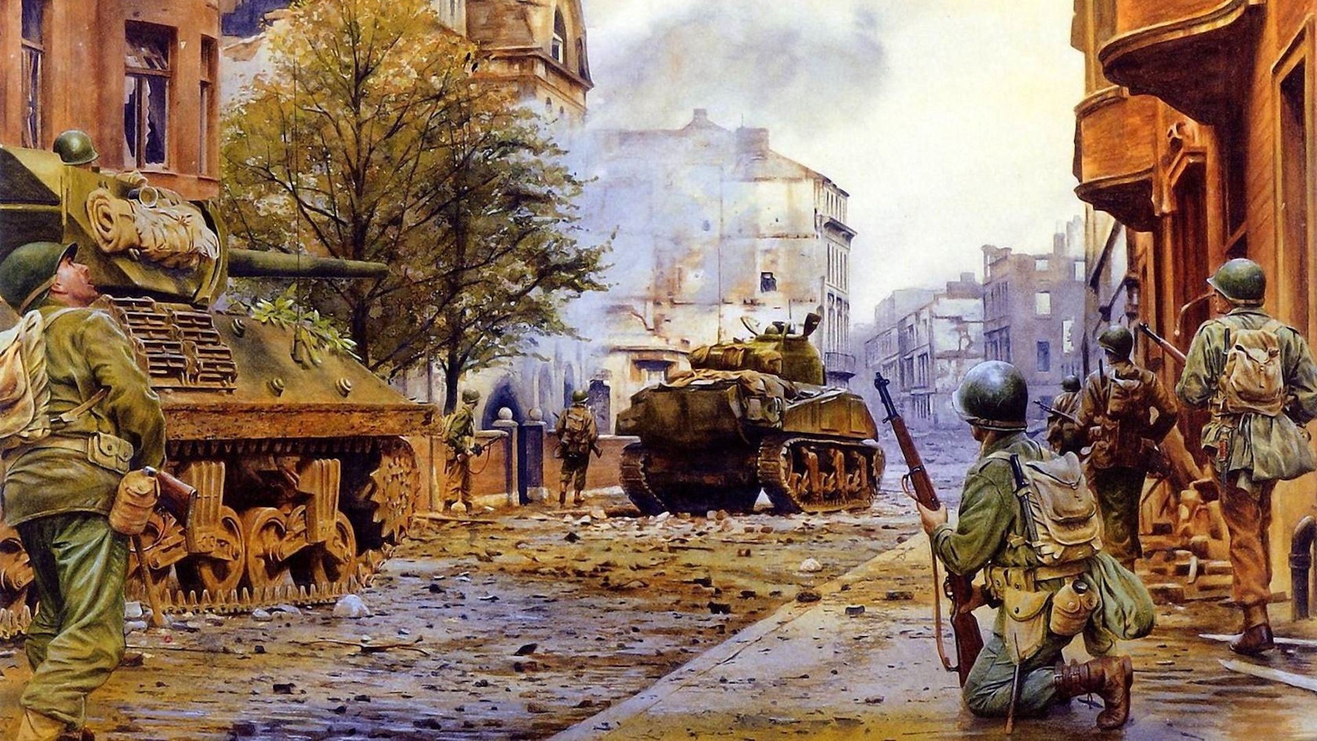 weapons, art, battle, soldier, tanks, guns, military, 1080P, war, warrior, men, cities, people, HD Wallpaper
