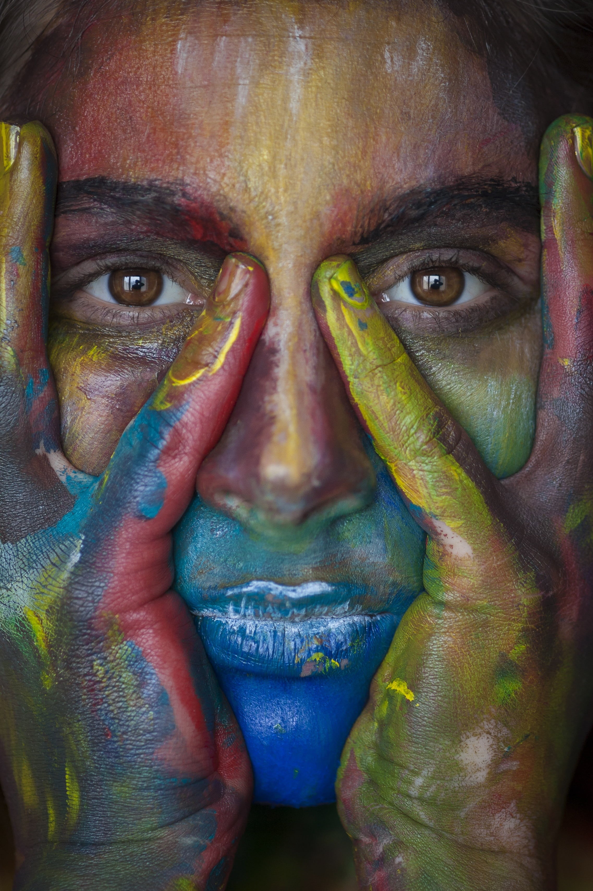 messy, painting, woman, young adult, adults only, real people, headshot, looking at camera, one person, body paint, concept, colors, s, human face, girl, Phone HD Wallpaper