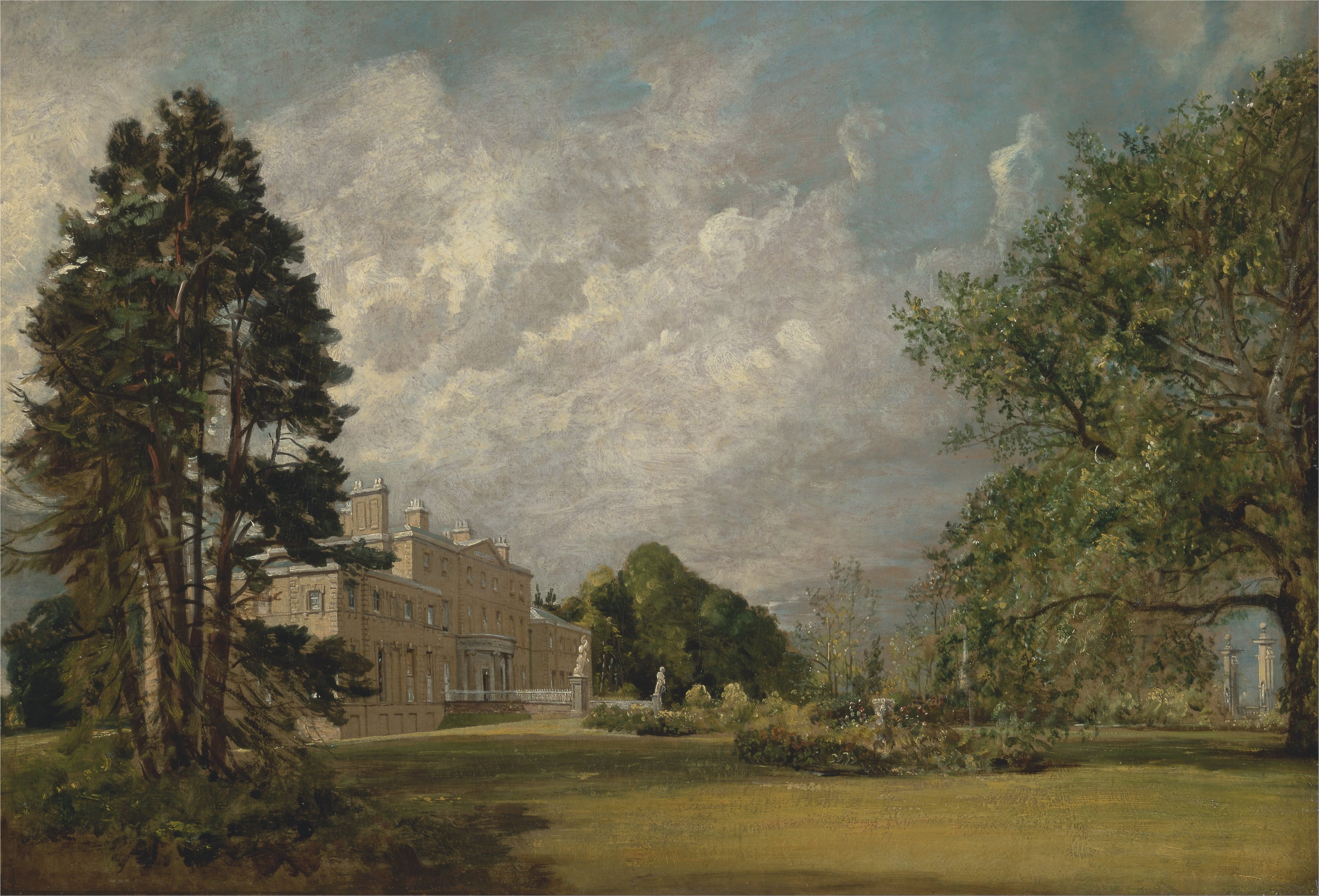 plant, art, trees, green color, cloud - sky, country, environment, John Constable, Painting, tranquil scene, tree, field, home, tranquility, oil on canvas, HD Wallpaper