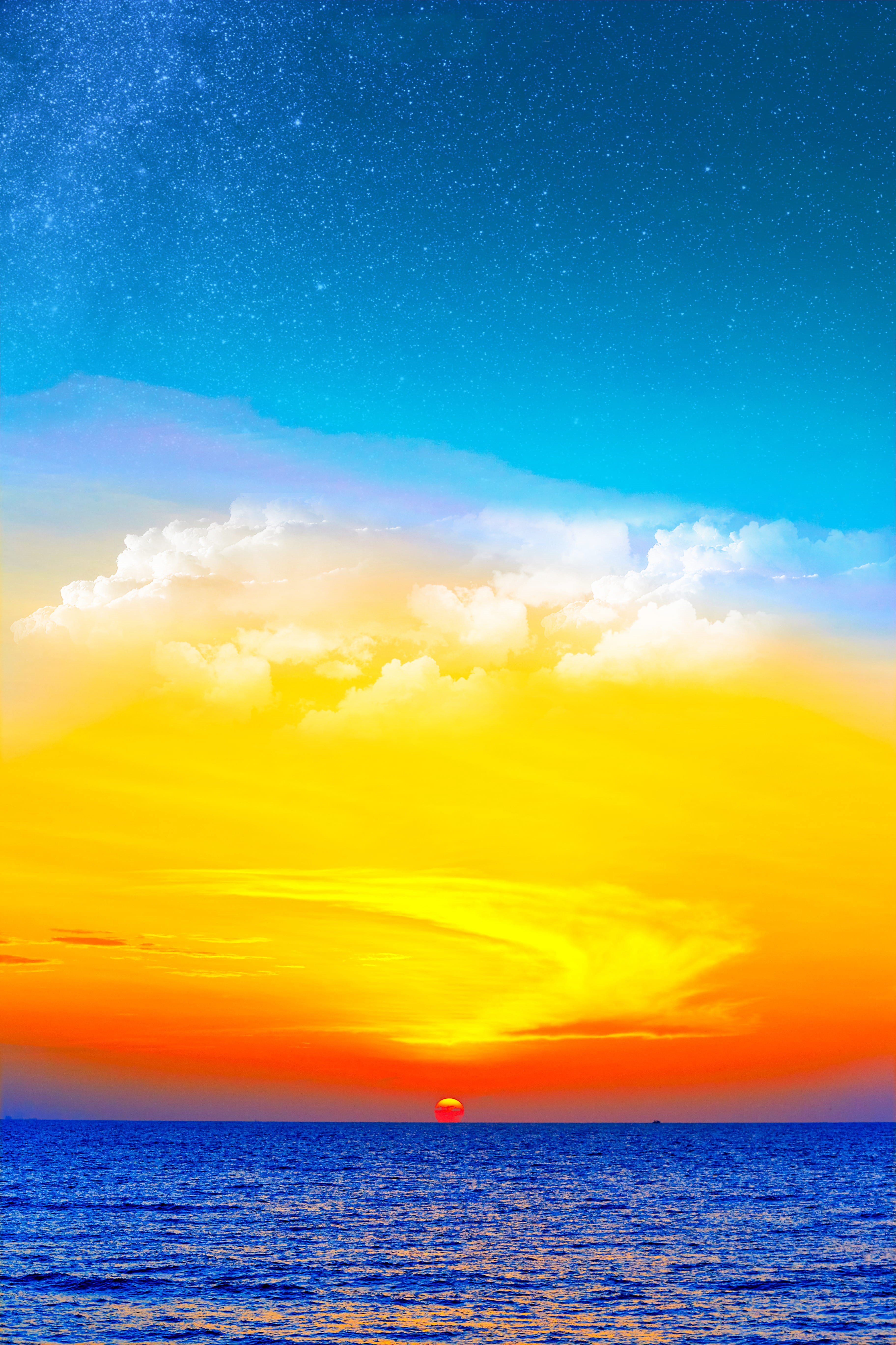 outdoors, tranquil scene, blue sky, sunset, scenics - nature, beauty in nature, beach, water, cloud - sky, cloudscape, white, sea, orange, sun, waterfront, Phone HD Wallpaper