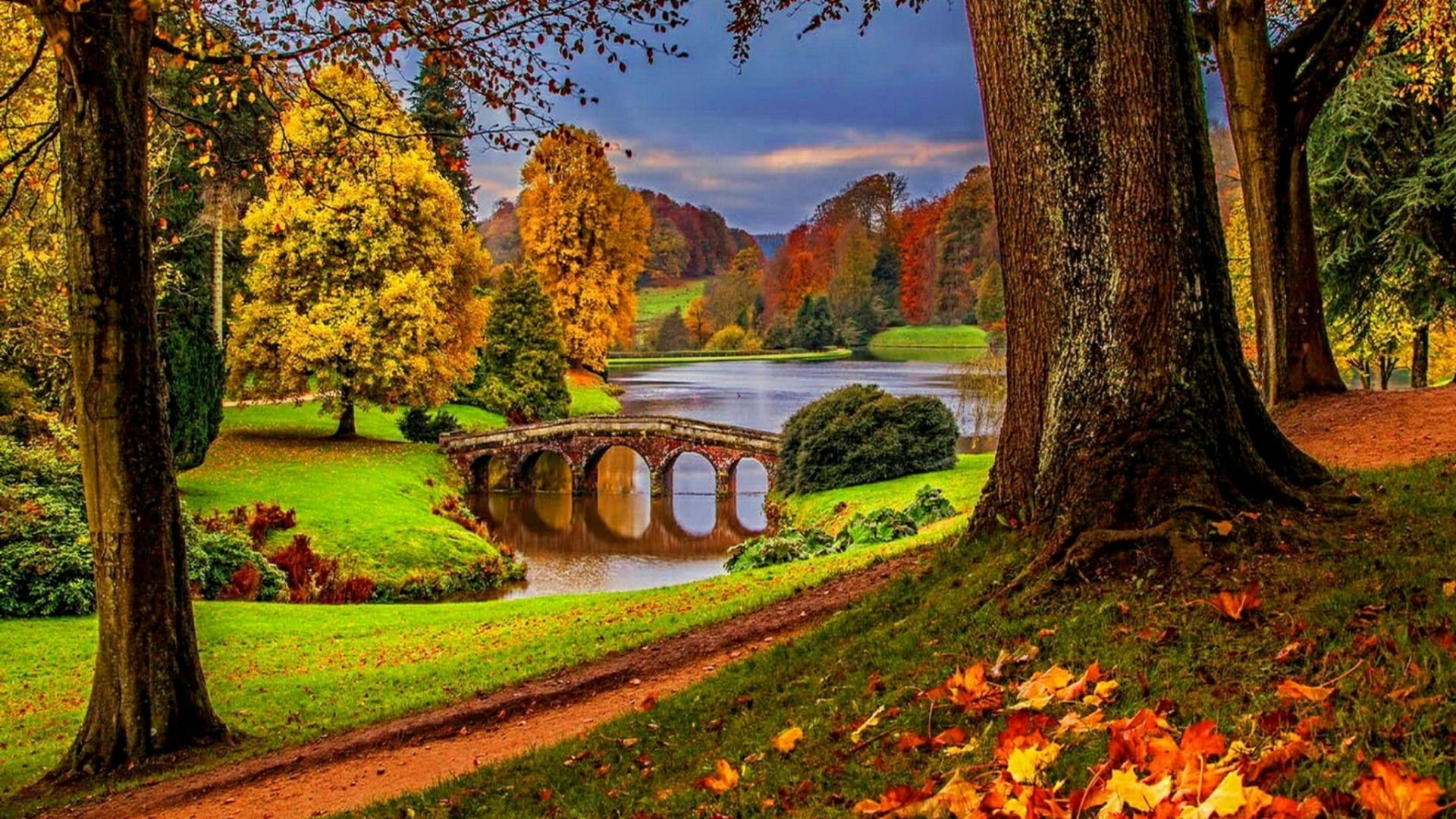 stourhead, united kingdom, tree, england, leaves, walkway bridge, water, botanical garden, landscape, wiltshire, nature, autumn, grass, garden, 1080P, HD Wallpaper