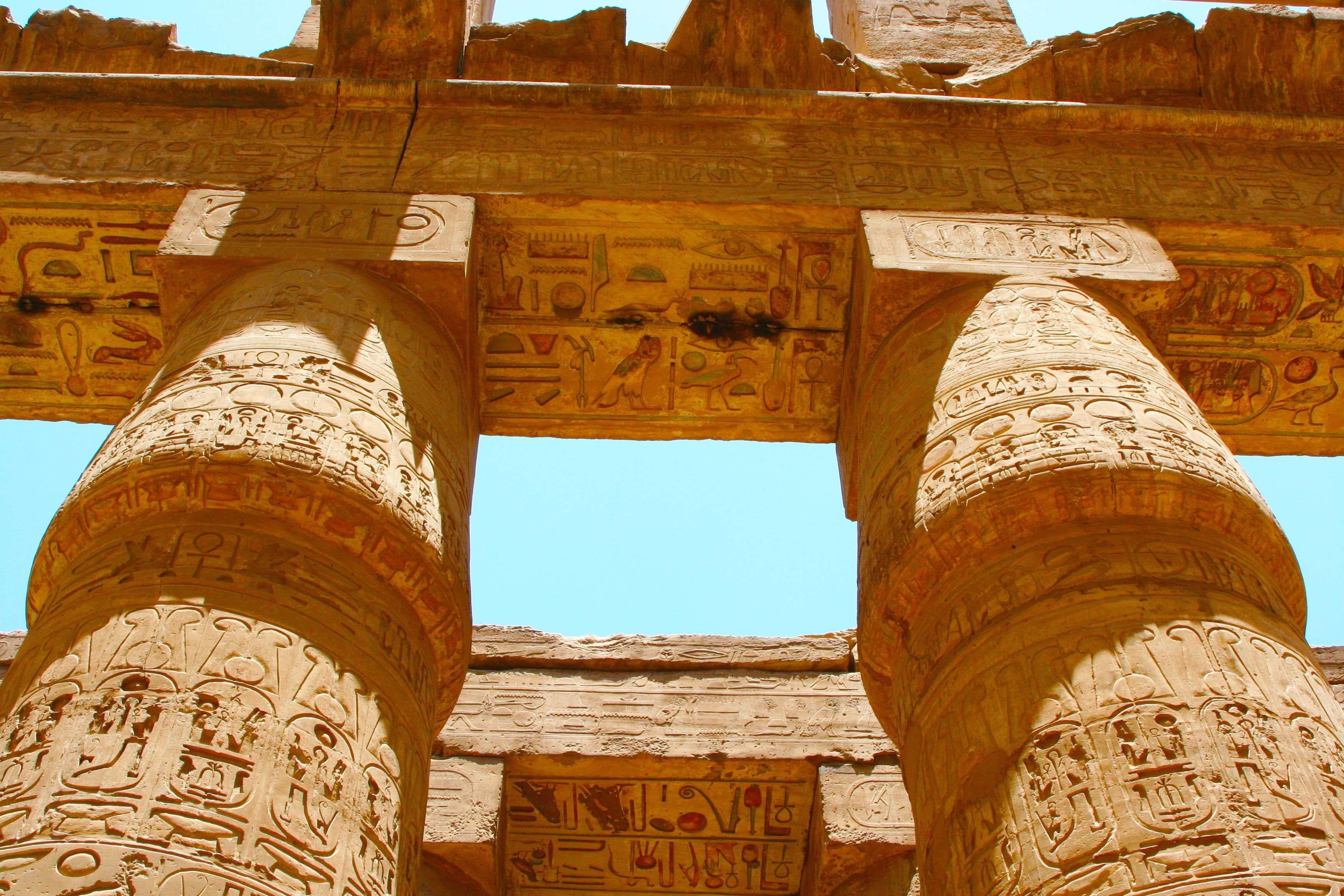 day, hieroglyph, ancient civilization, 2K, craft, ancient, blue sky, ruins, architectural column, carving - craft product, religion, pillar, carving, carnac, HD Wallpaper