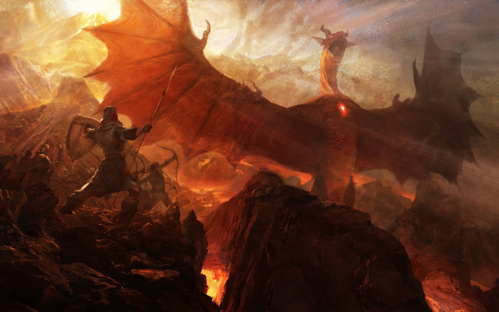 Dragons Dogma  Shields  fighting  archer  spear  digital art  wings  war  rock  video games  fantasy art  soldier  dragon  lava, 1080P, HD Wallpaper