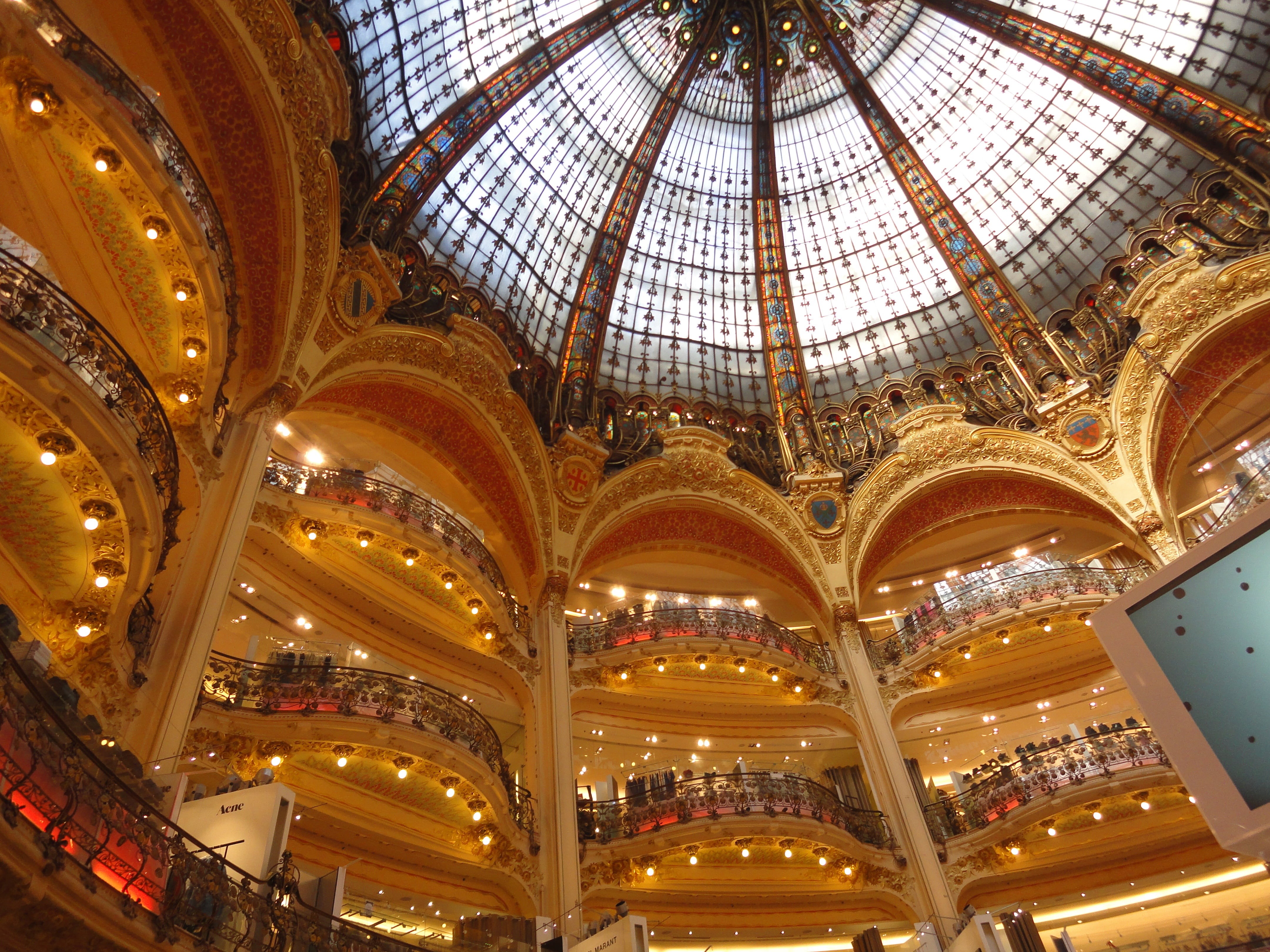 galerie, travel, low angle view, no people, built structure, ornate, luxury, indoors, travel destinations, architecture, les galeries lafayette, 4K, skylight, HD Wallpaper