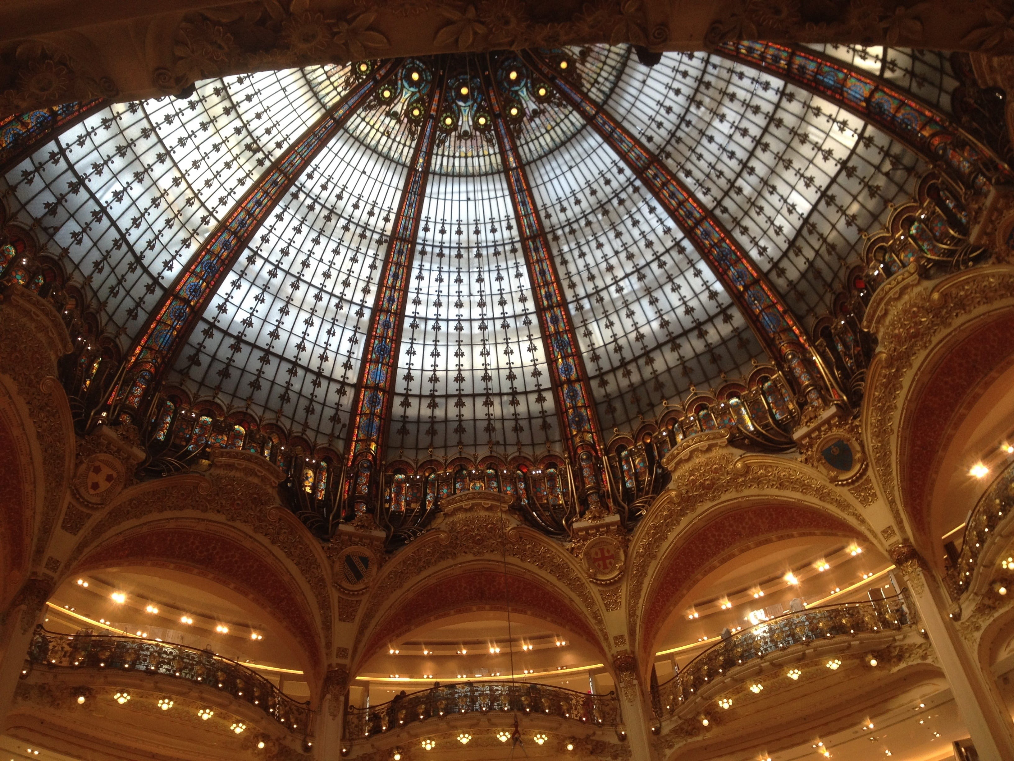 architectural feature, lafayette, low angle view, glass, illuminated, cupola, travel, paris, glass - material, no people, ceiling, dome, lighting equipment, HD Wallpaper