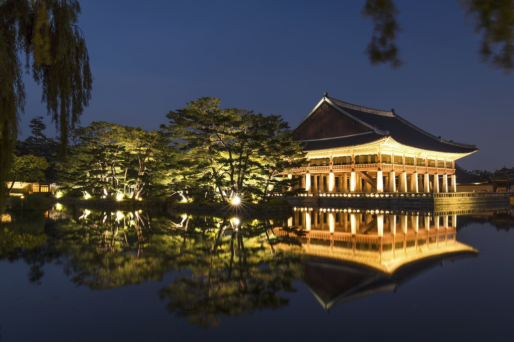 built structure, illuminated, lake, nature, night, reflexion, building, water, luxury, no people, reflection, south korea, gyeongbokgung, lightning, waterfront, HD Wallpaper