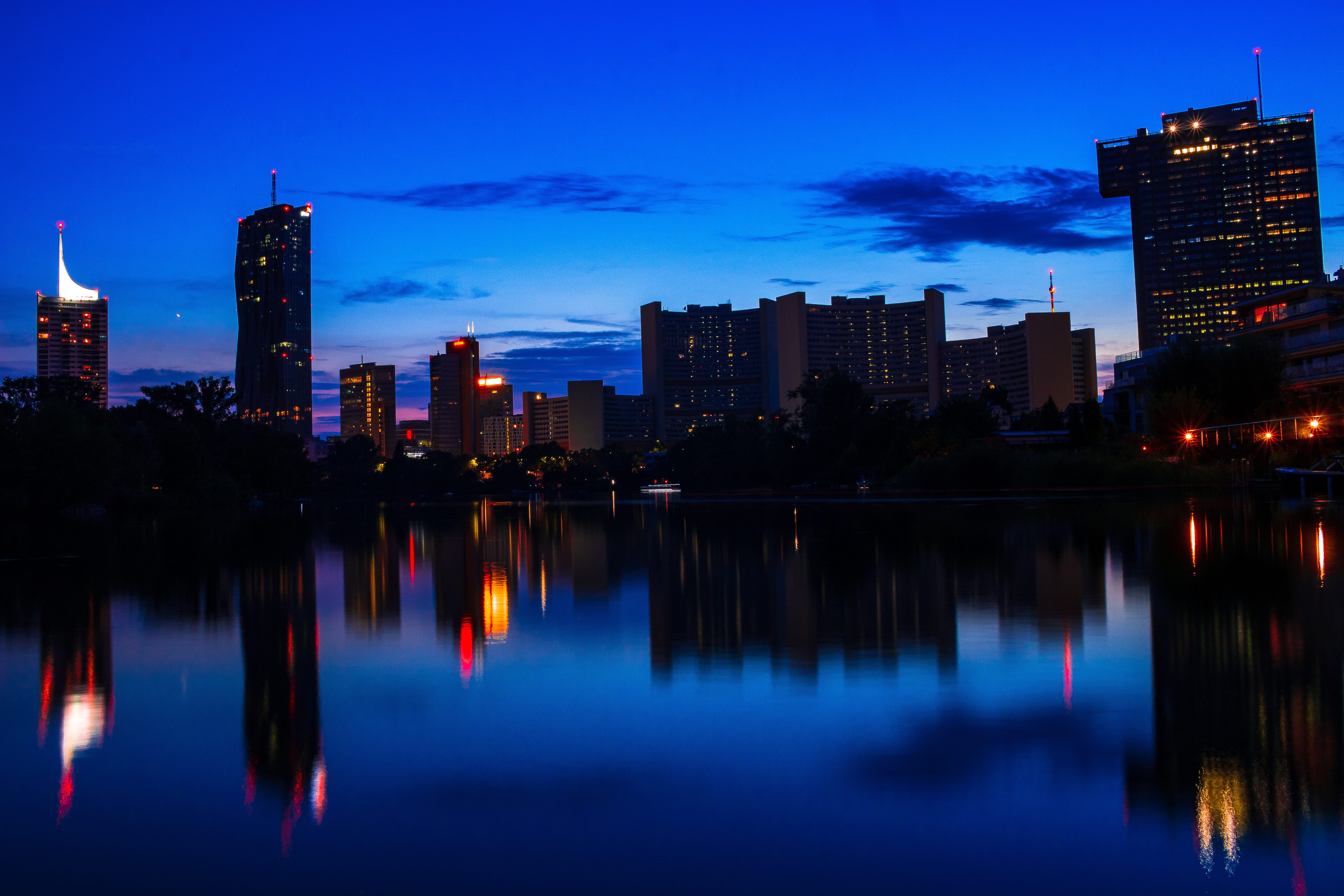 night, cityscape, hour, reflection, modern, building, financial district, sky, city, dusk, moon, tall - high, built structure, landscape, dc, sunset, building exterior, HD Wallpaper