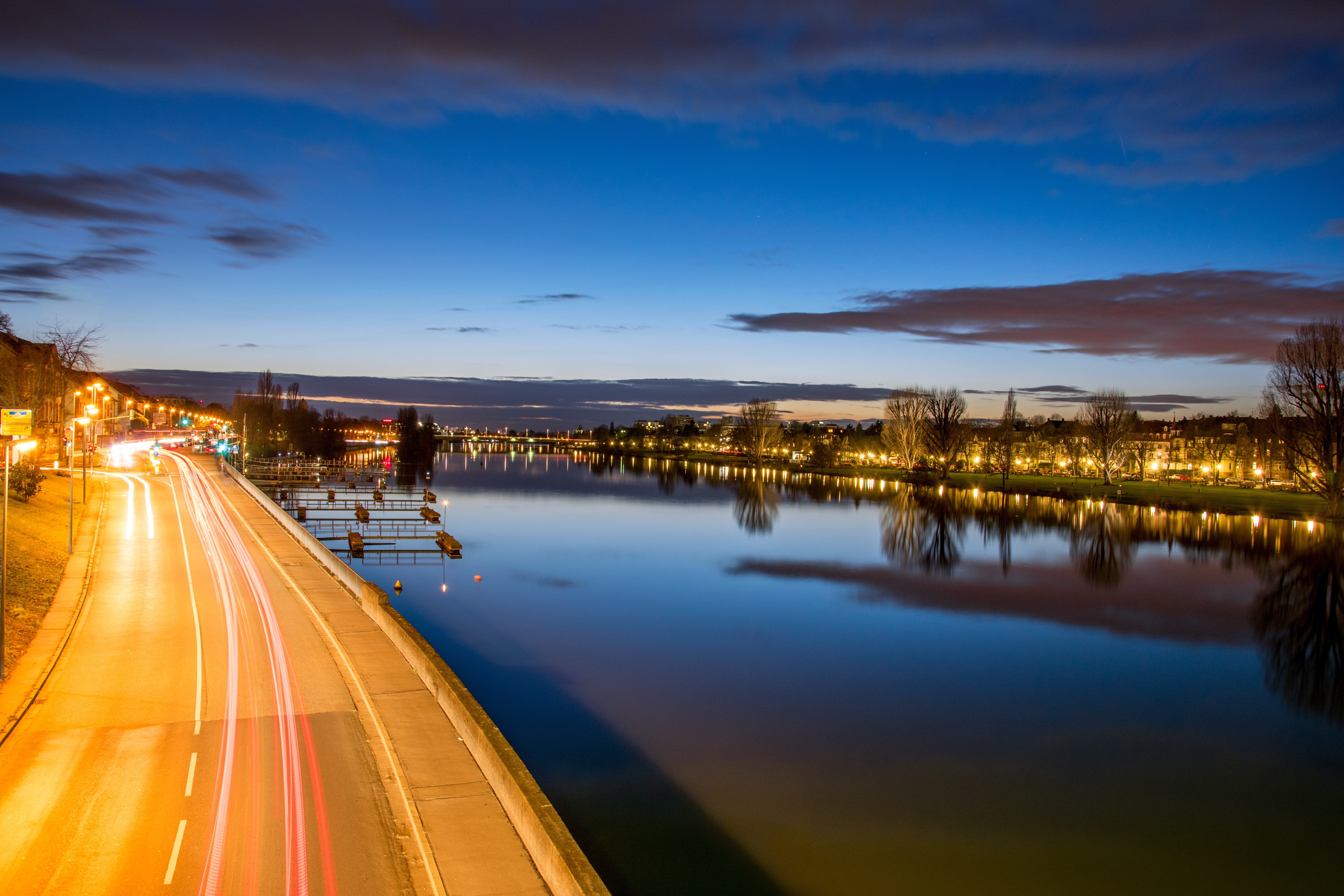 5K, reflexion, motion, sky, sunset, transportation, reflection, illuminated, mode of transportation, dusk, night, outdoors, no people, scenics - nature, HD Wallpaper