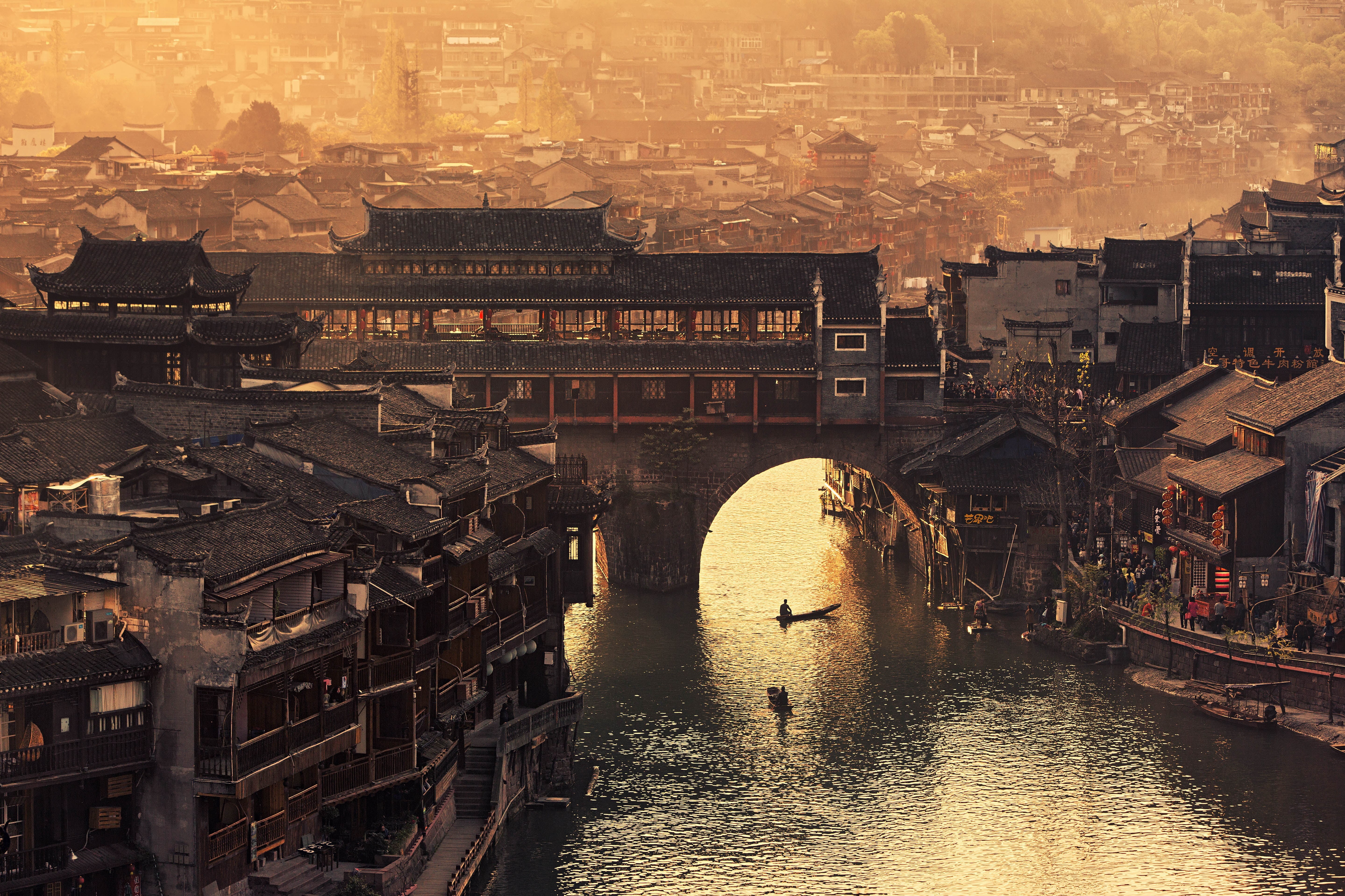 5K, bridge, Hunan, Fenghuang County, water, China, Xiangxi, Xi Que Po Lu, roof, HD Wallpaper